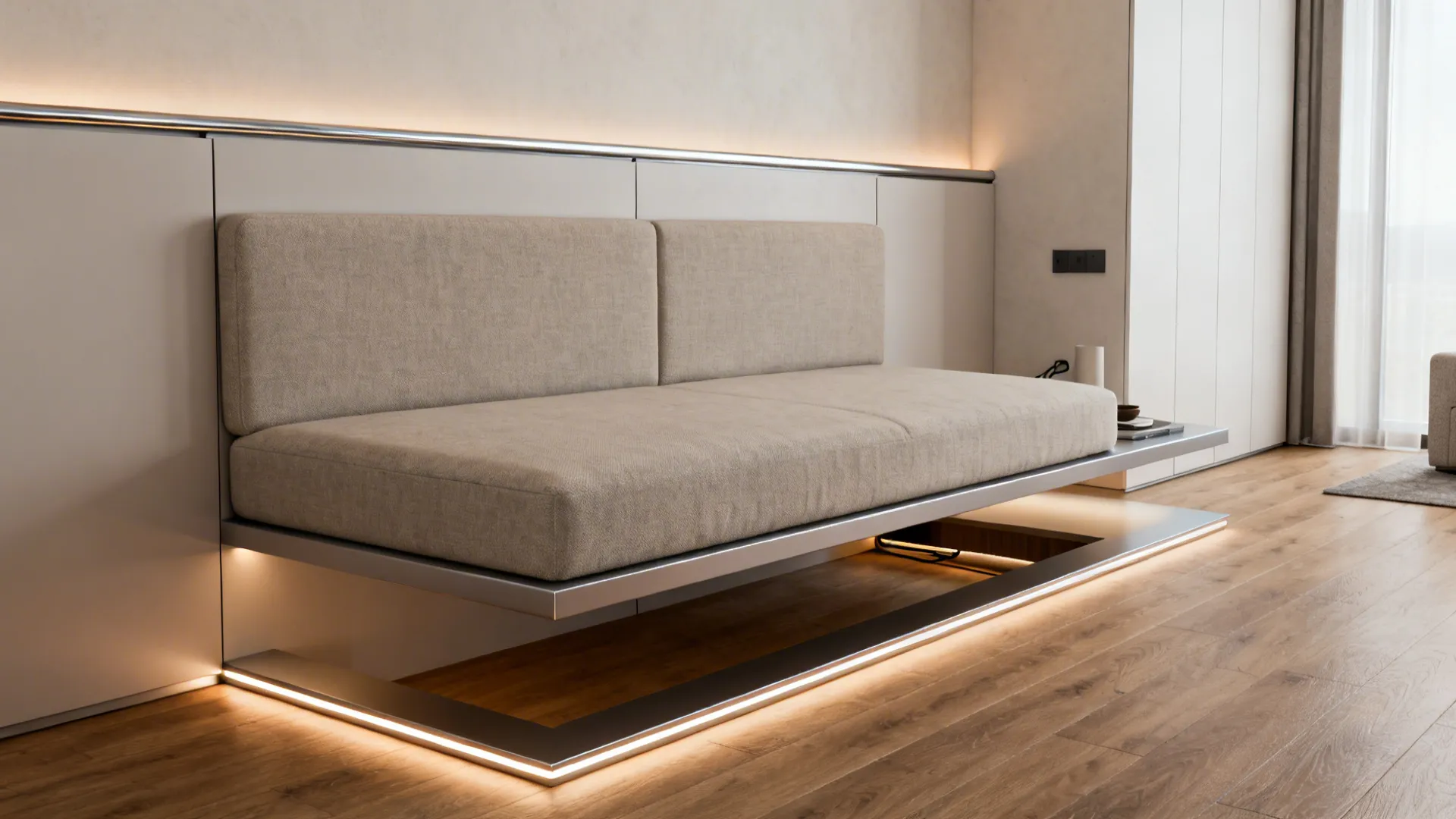 Floating diwan with wall-mounted backrest and subtle LED underglow in a compact loft living room.