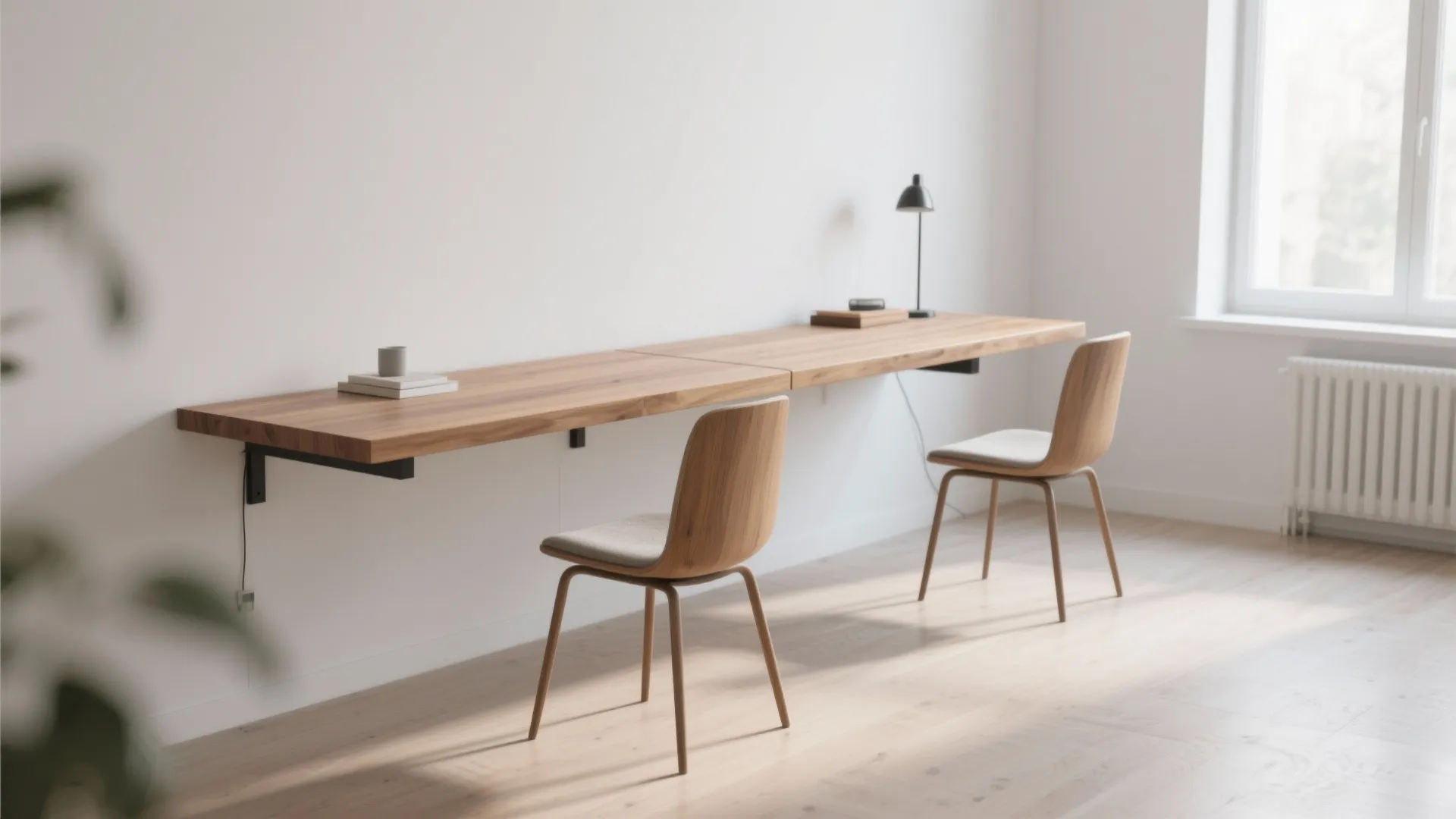 Floating wall-mounted double desk in modern apartment