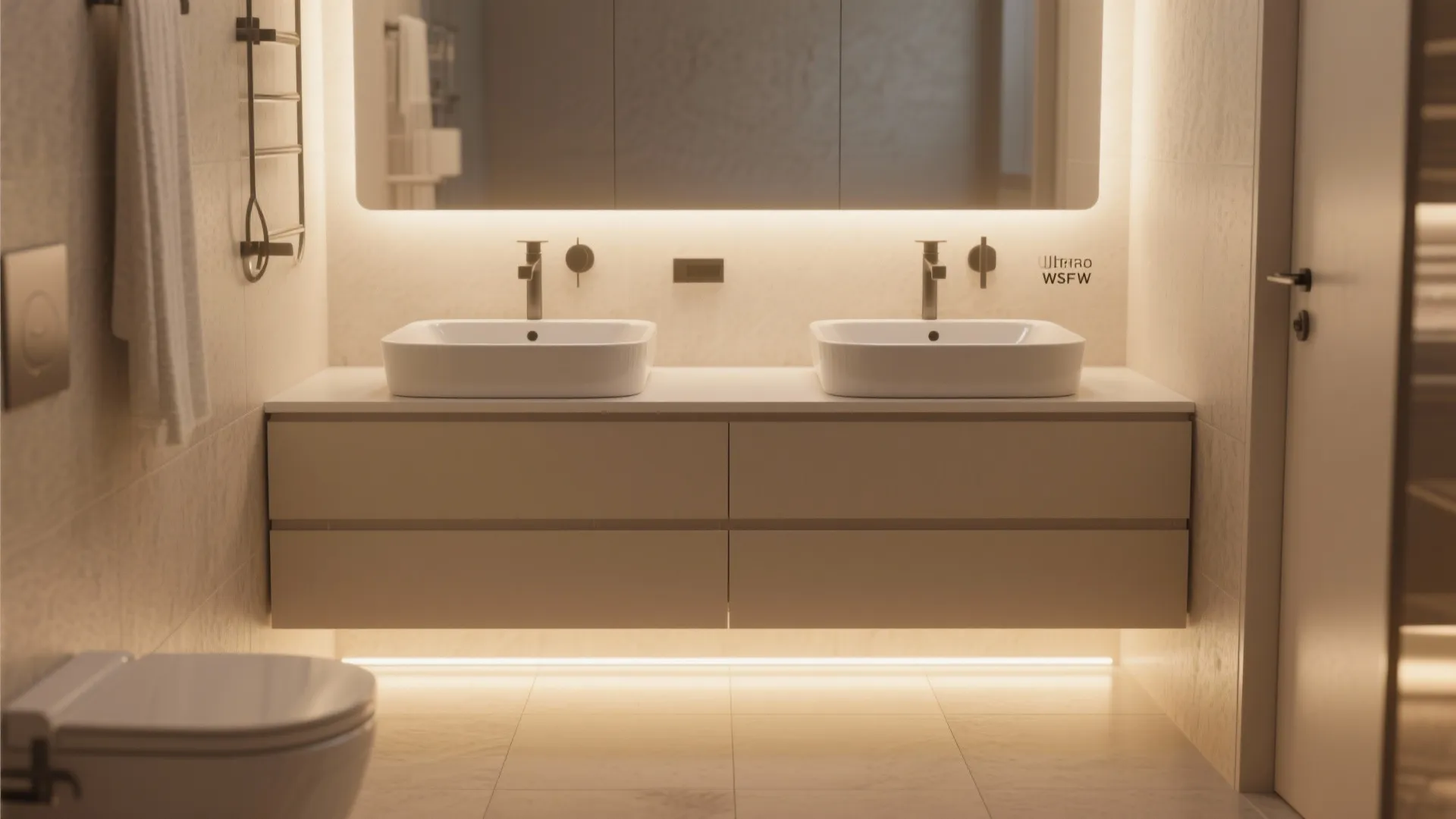 Floating double sink vanity with LED underlighting in small bathroom
