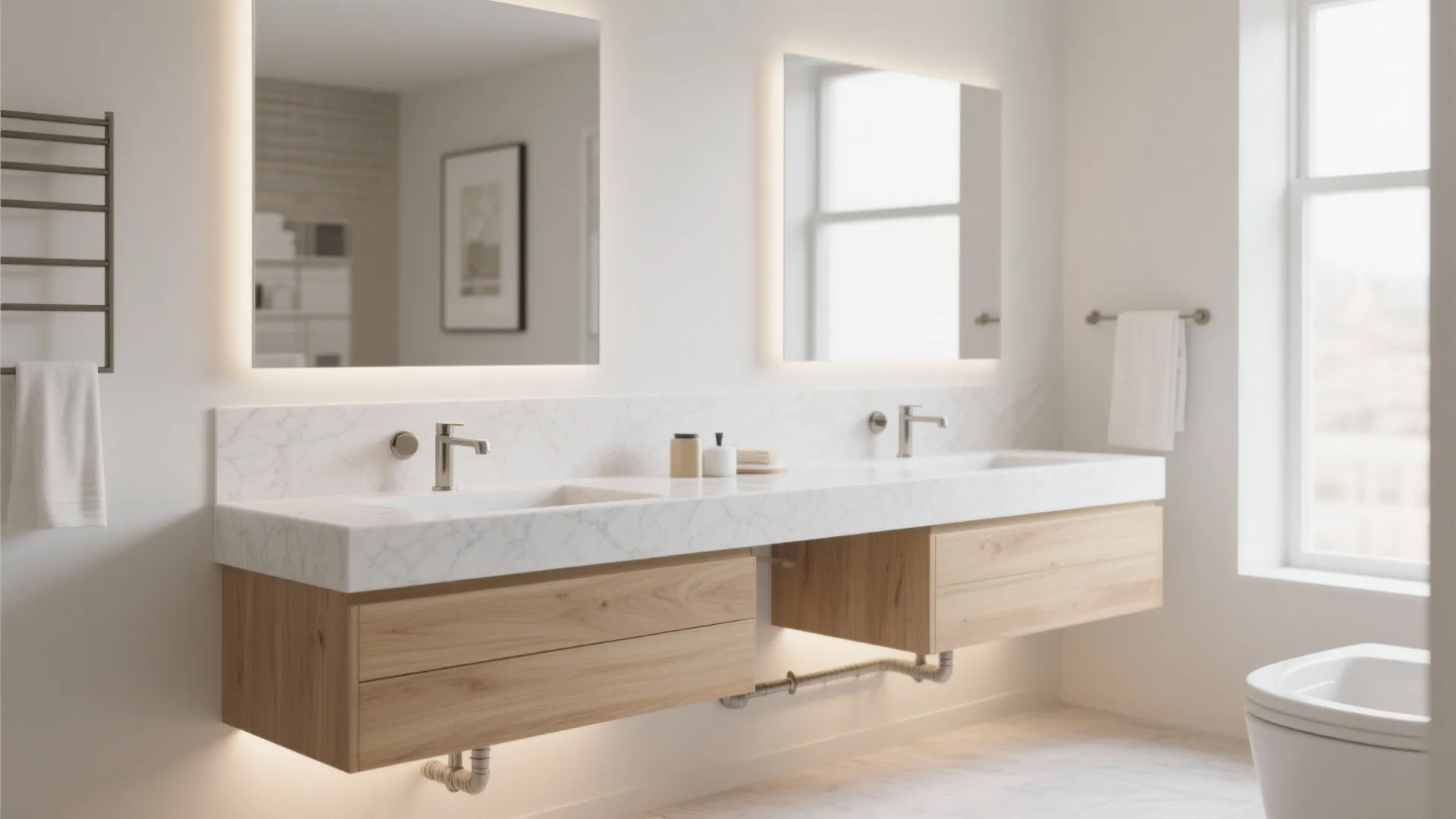 Modern white bathroom with floating wood cabinet marble countertop two sinks and large illuminated wall mirrors