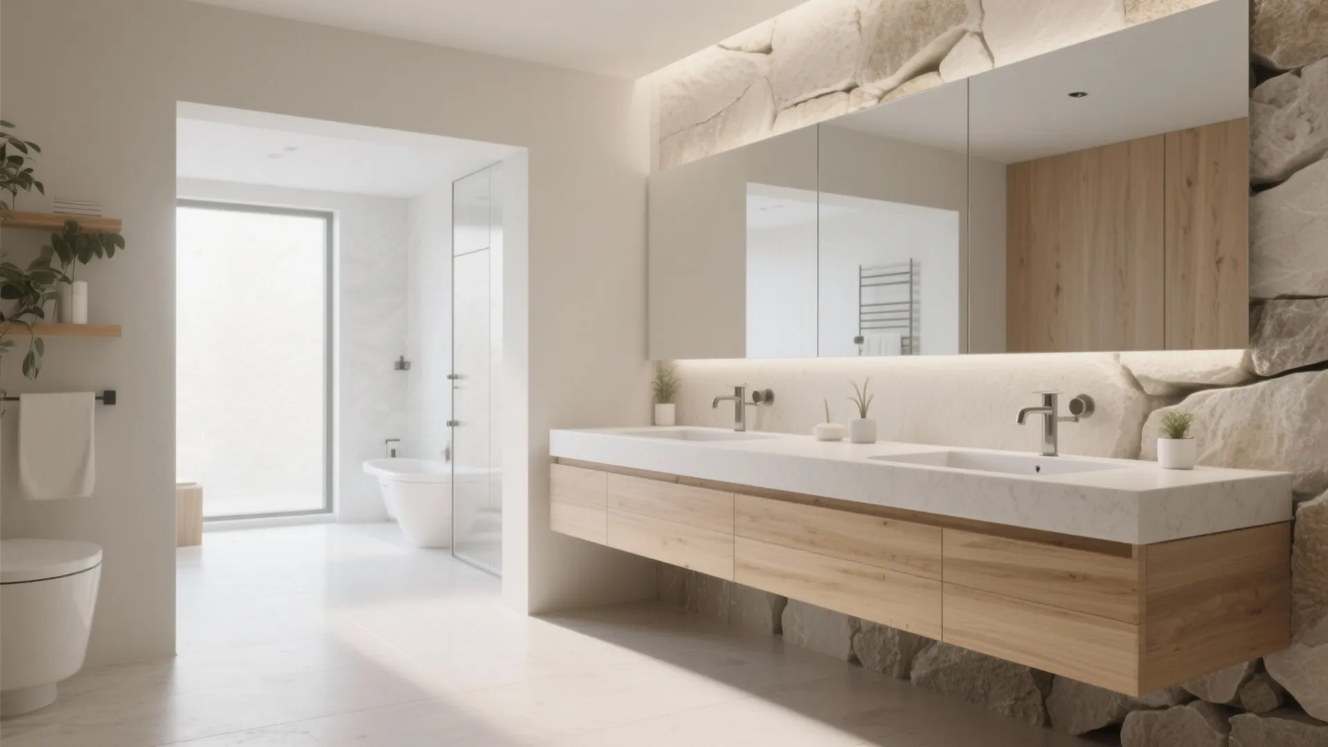 Floating double sink vanity with open floor space in modern bathroom