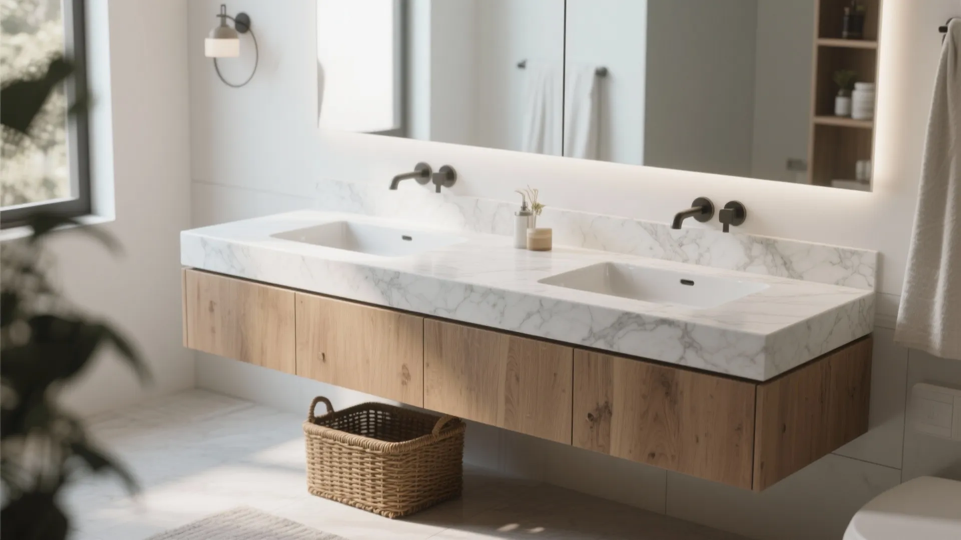 Modern floating bathroom cabinet with marble countertop double sinks black faucets and a large woven basket