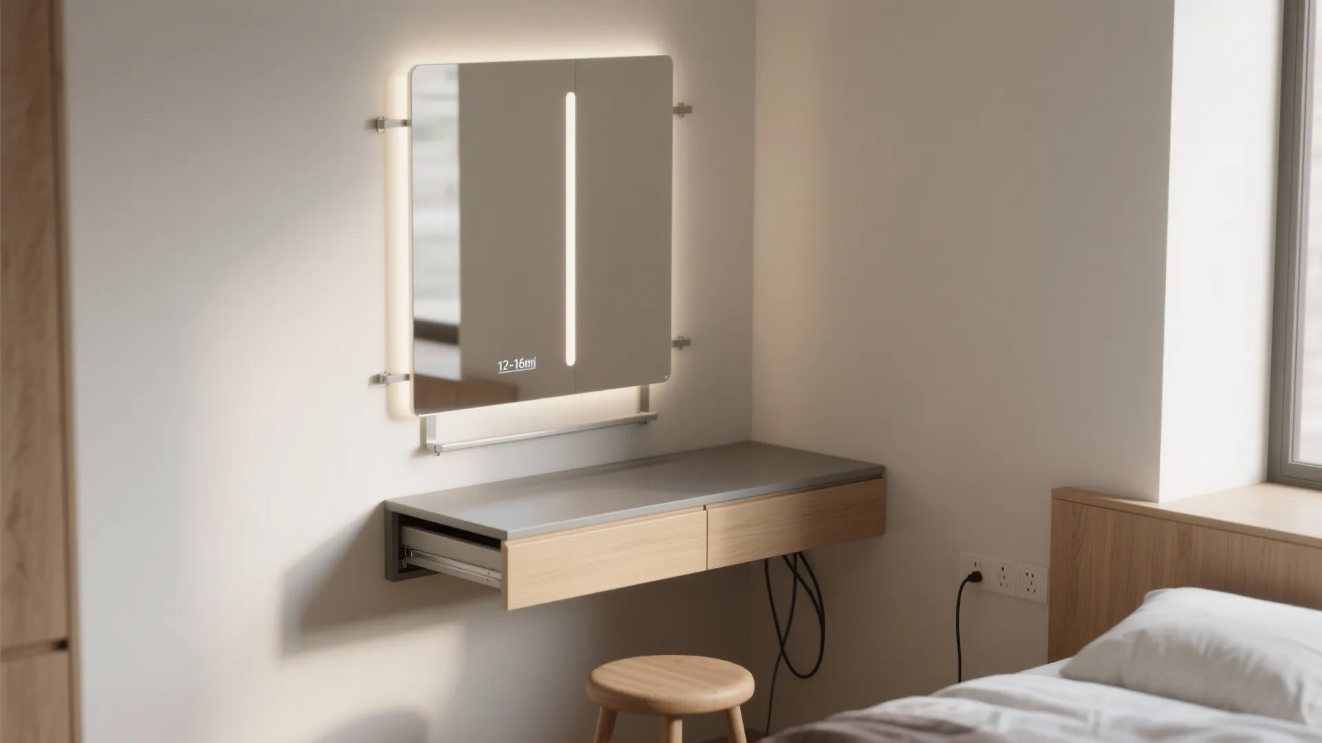 Minimalist bedroom with floating wooden cabinet drawer lighted mirror small stool and white wall design