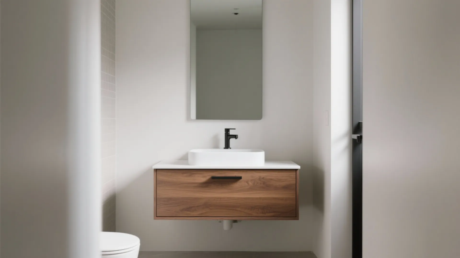 Minimalist bathroom featuring a floating wood cabinet with white sink and a tall vertical mirror