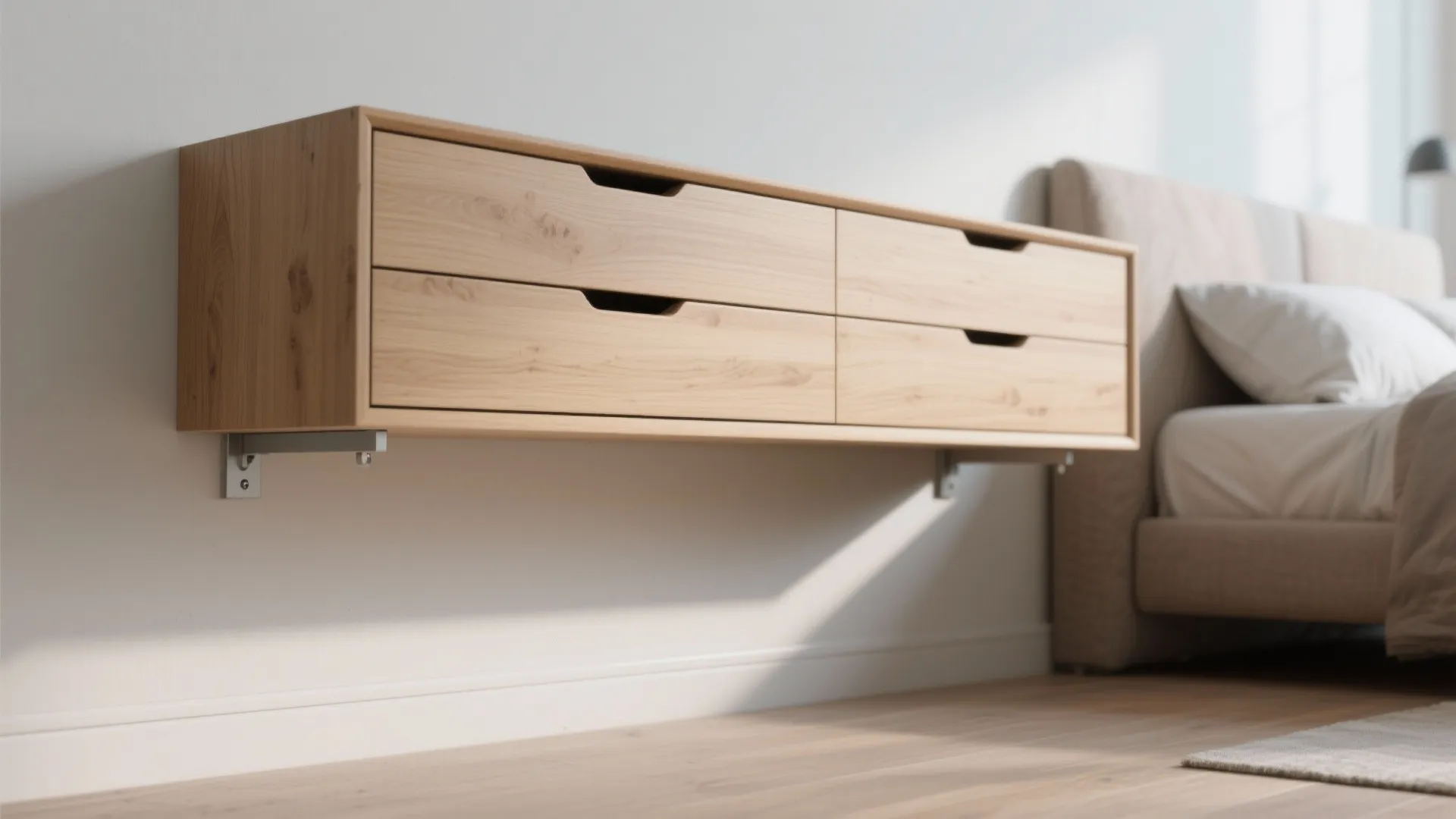 Wooden wall mounted chest of drawers floating above a floor next to a cozy bed