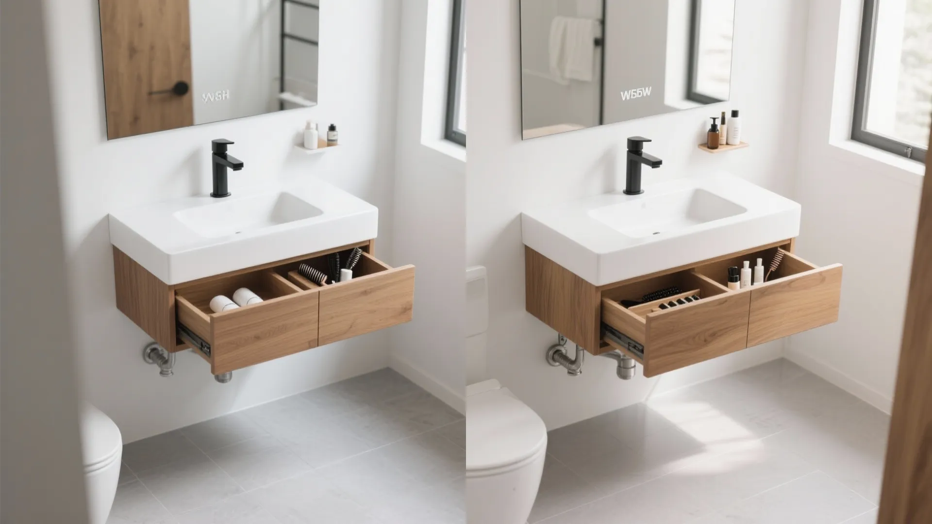 1) Floating vanity with deep drawers
