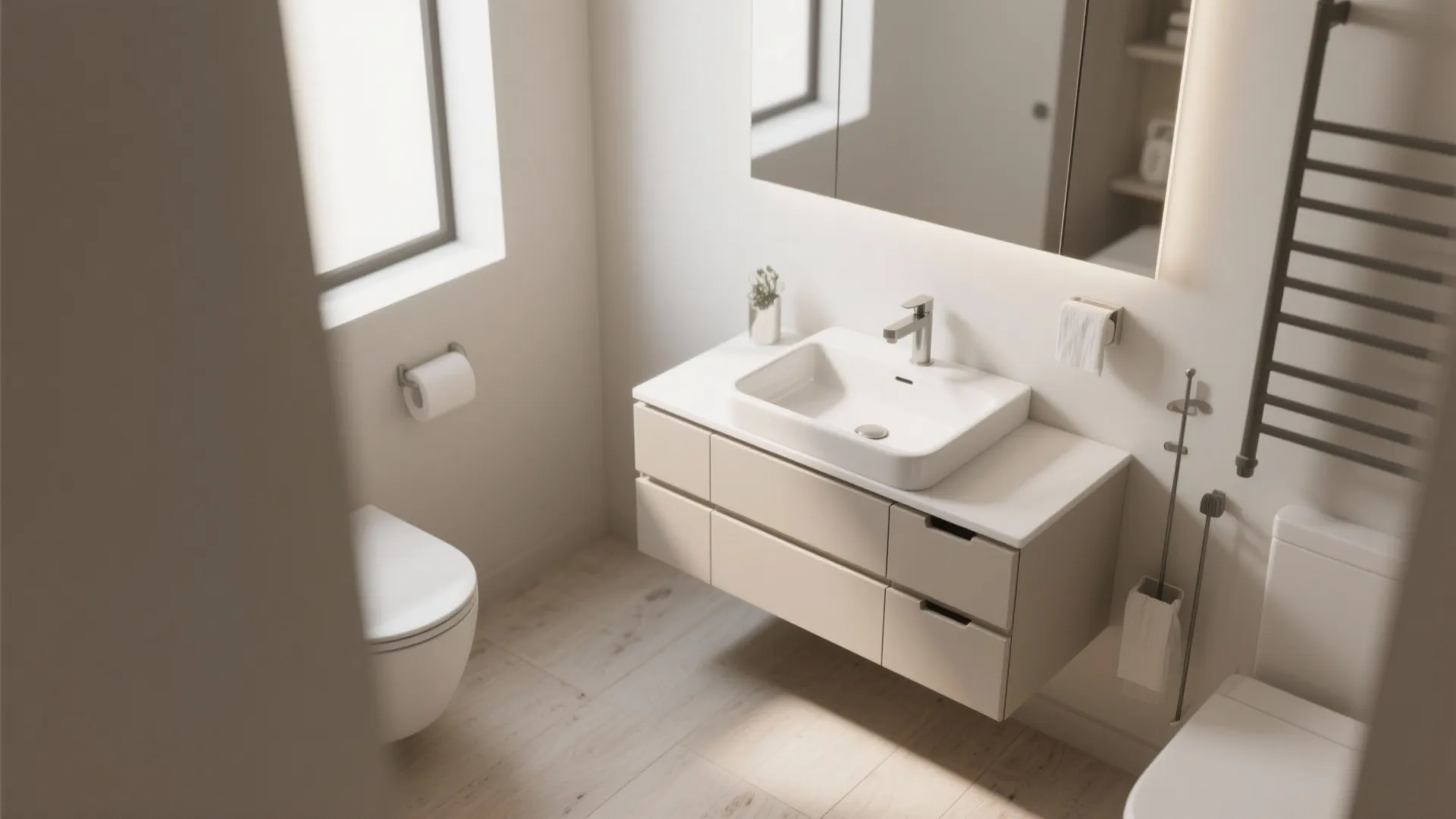 Floating drawer unit under wall-mounted sink in bathroom