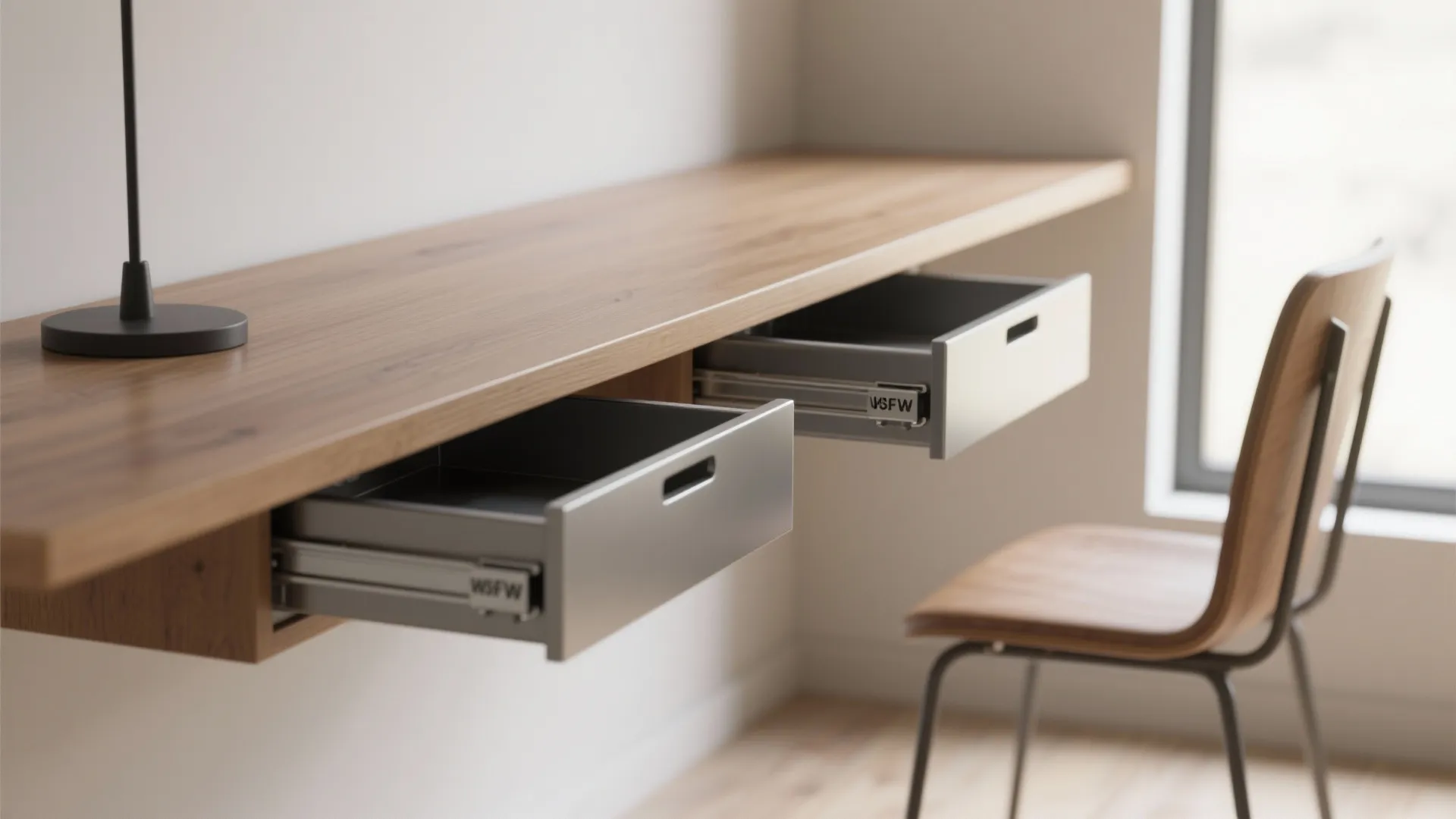 Floating drawer units under a narrow tabletop
