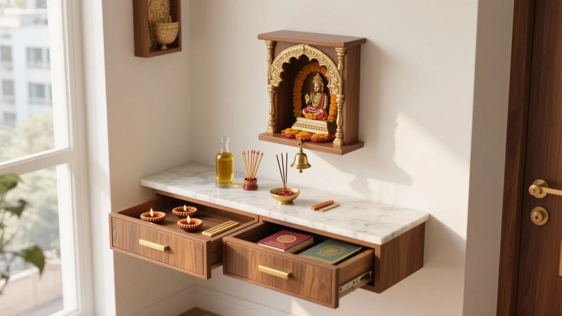 Floating Mandir + Hidden Base Drawers