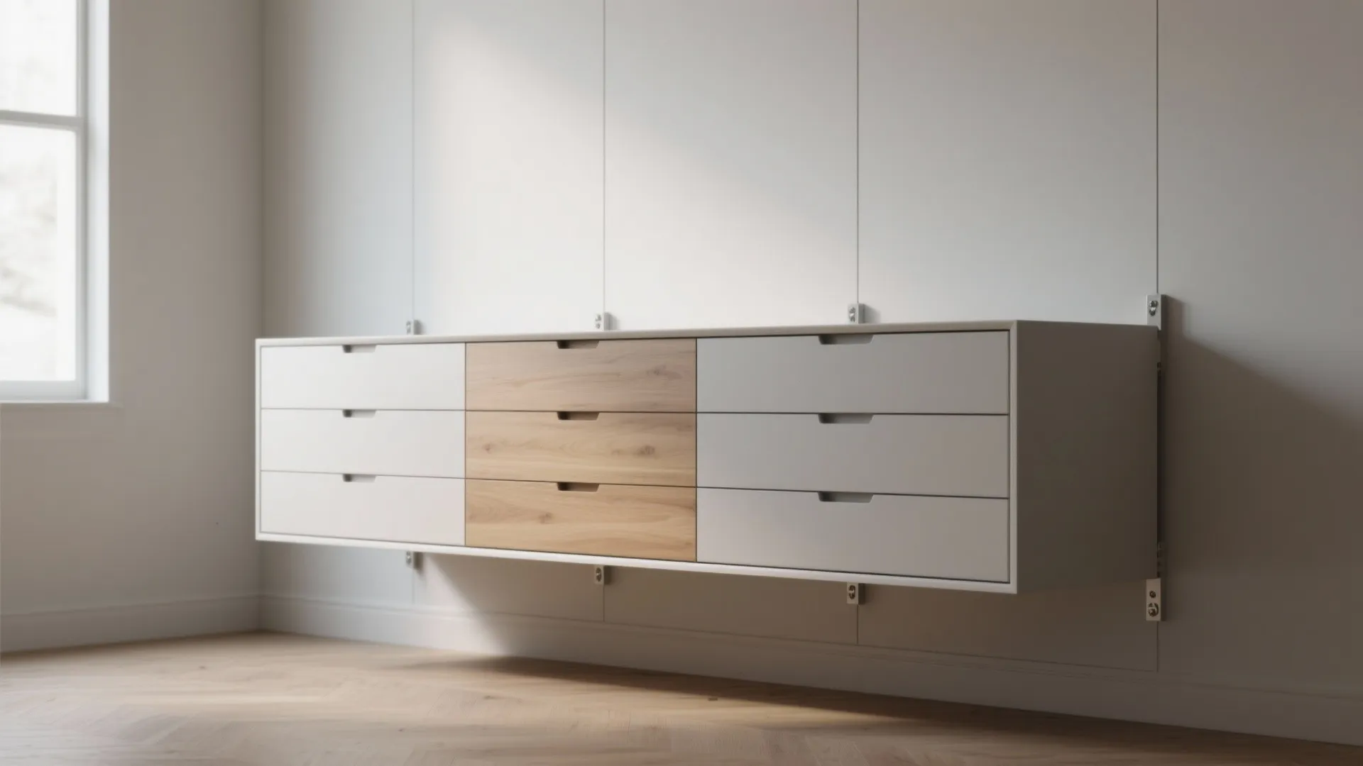 Wall-mounted floating dresser with floor clearance for easy cleaning, matte fronts and wooden trim.