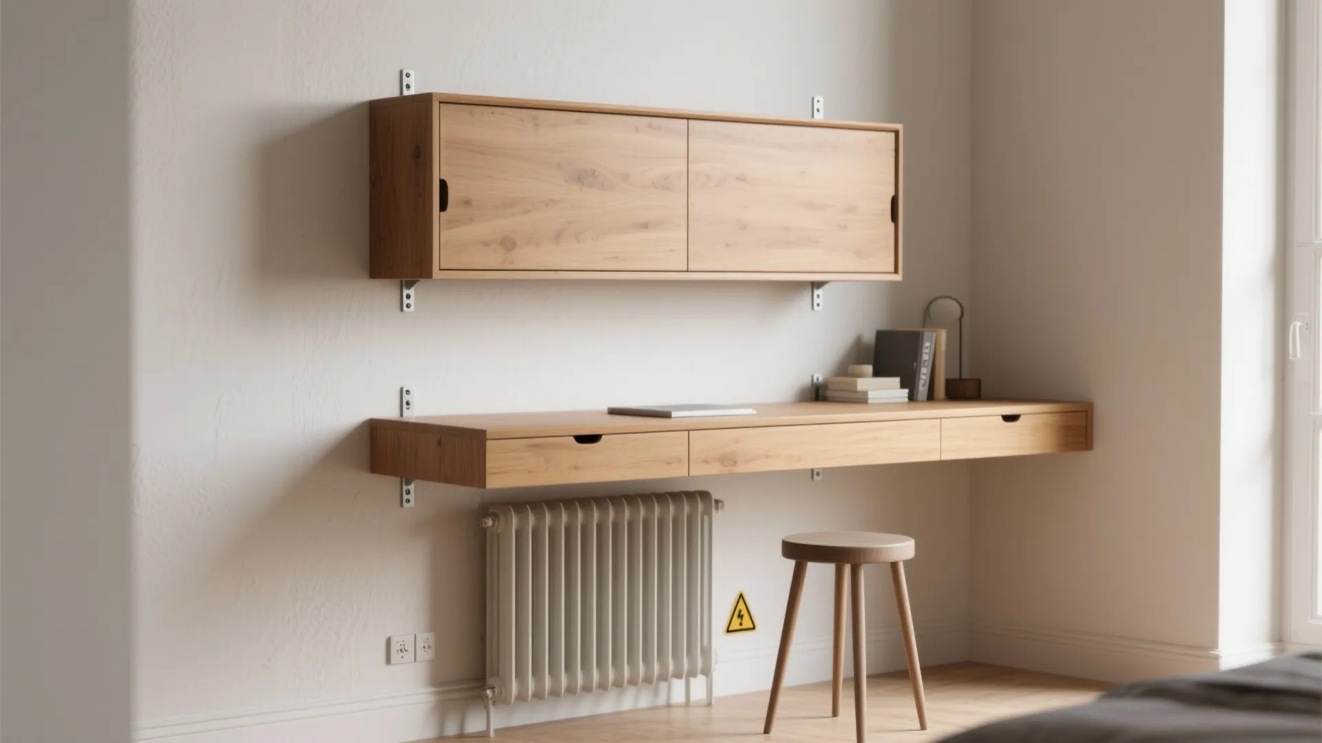 Wall mounted wooden desk and matching storage cabinet with a simple stool and white walls