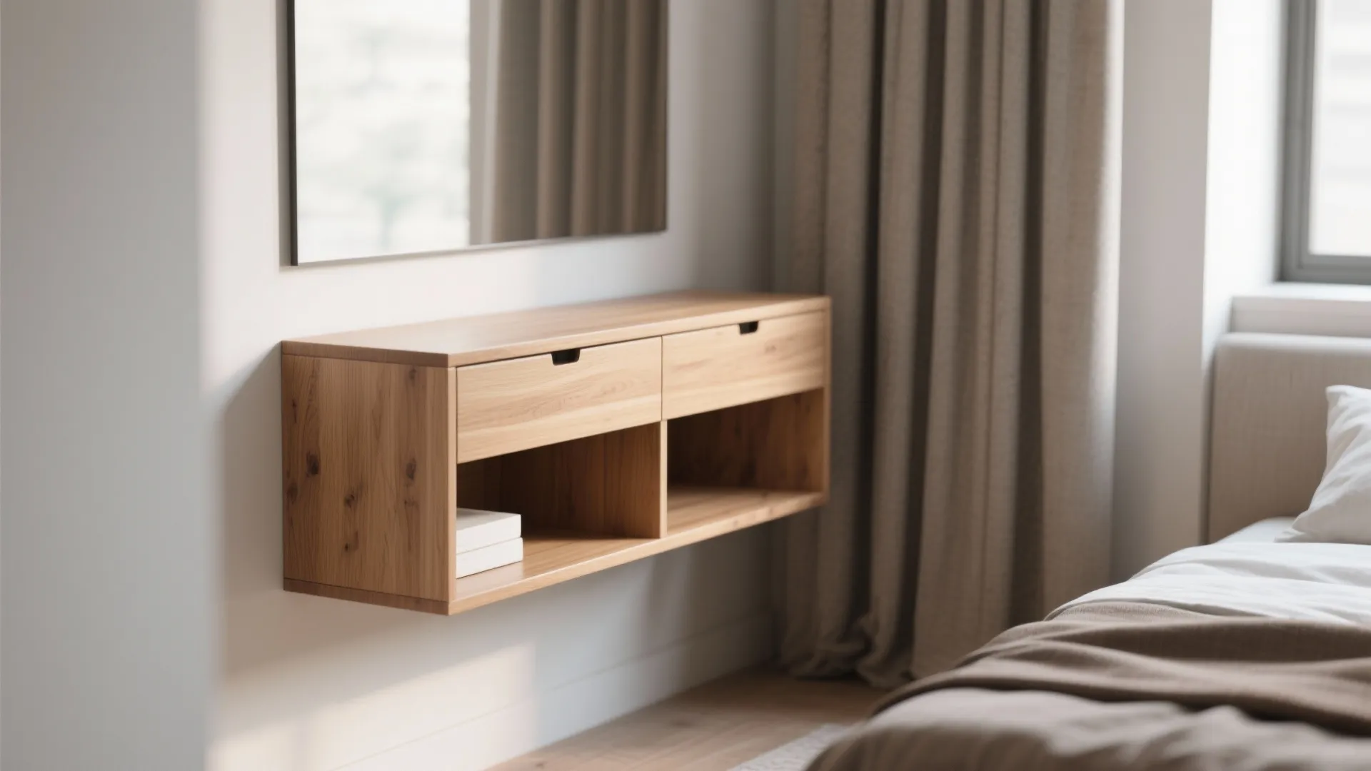 Modern wood wall cabinet with drawers and open shelves mounted in a bedroom with curtains