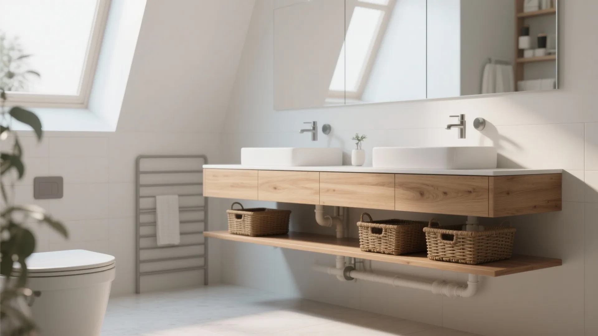 Modern bathroom with wooden floating cabinet, double sinks, large mirror, woven baskets, and natural light