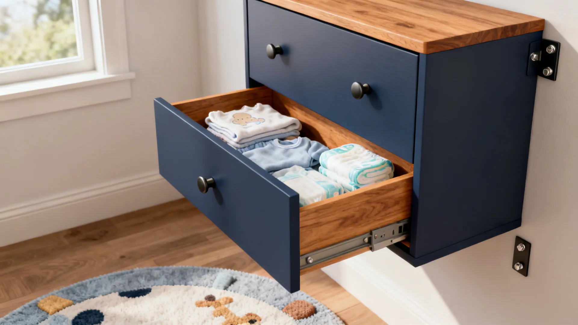 Blue wall mounted cabinet with open drawer containing baby clothes and diapers on wood floor