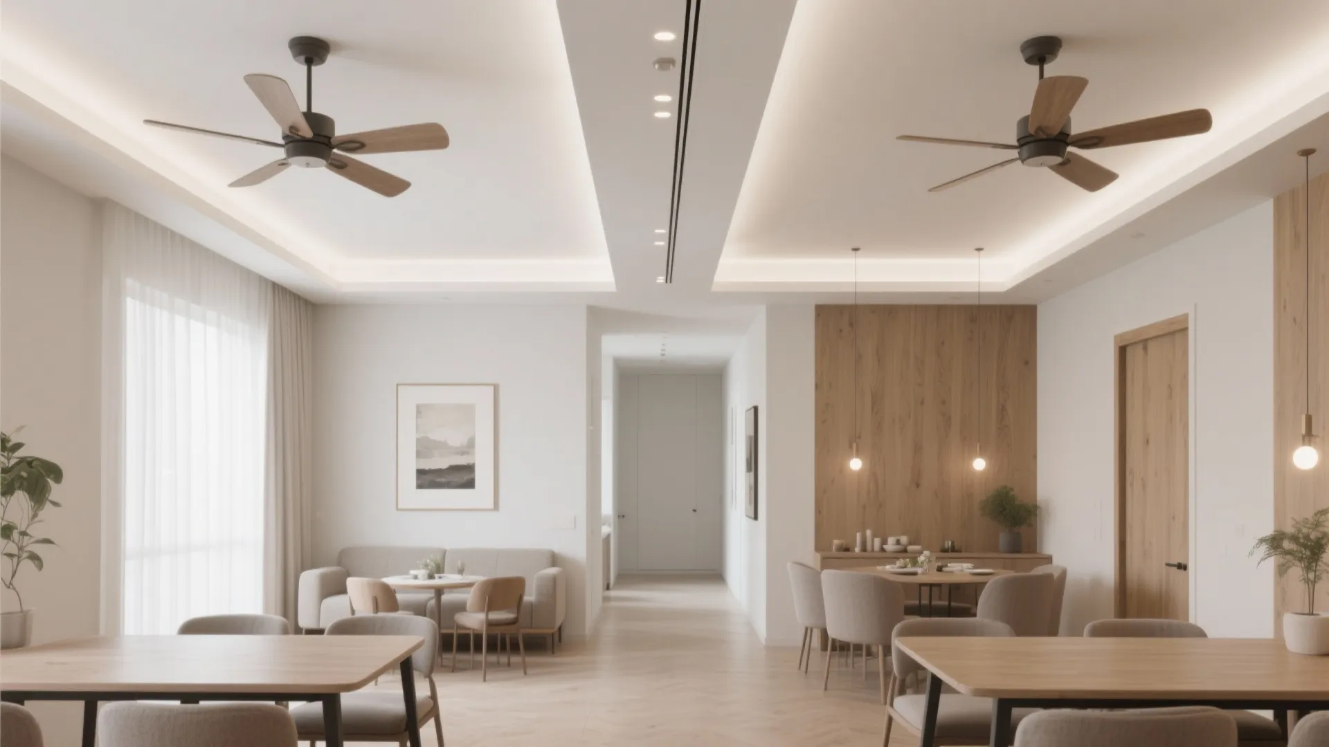 Floating dual-beam ceiling to anchor two fans