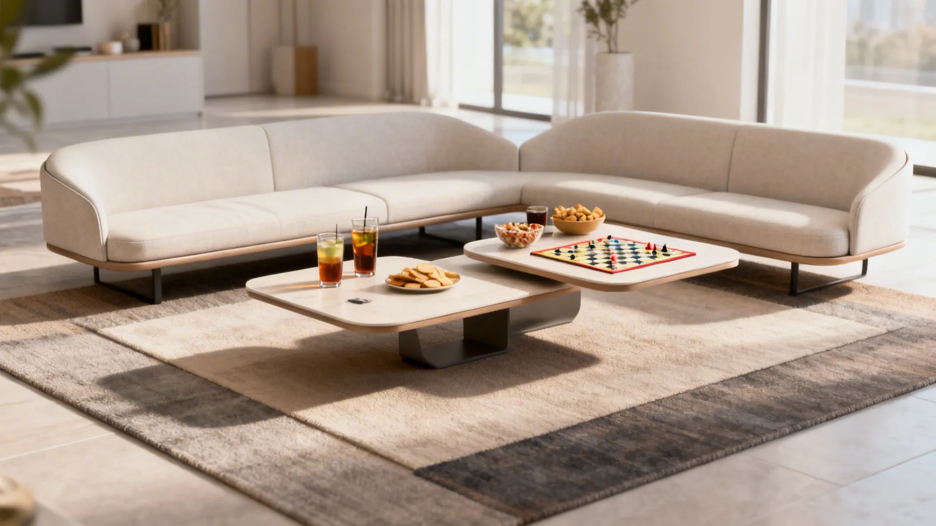 Floating pair of coffee tables creating a small conversation island slightly away from the sofa.