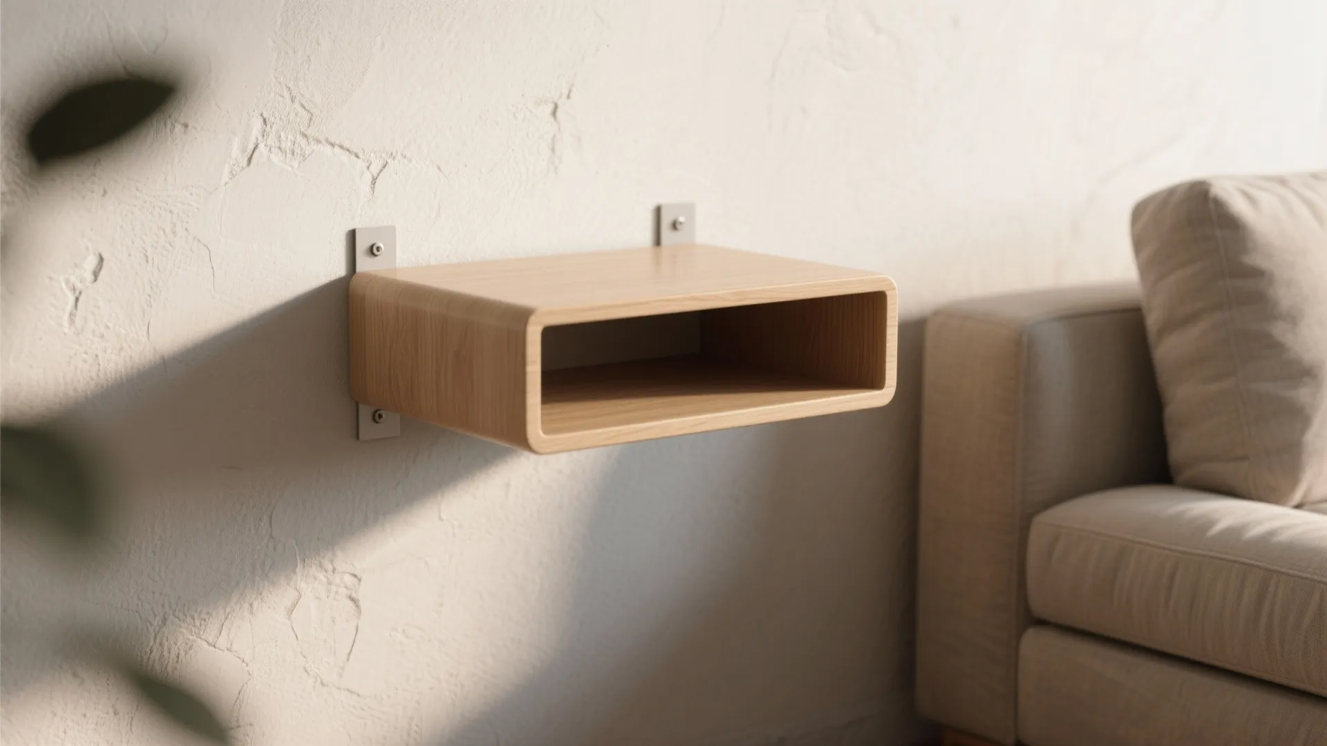 Modern wood floating end table mounted on a textured white wall next to a sofa