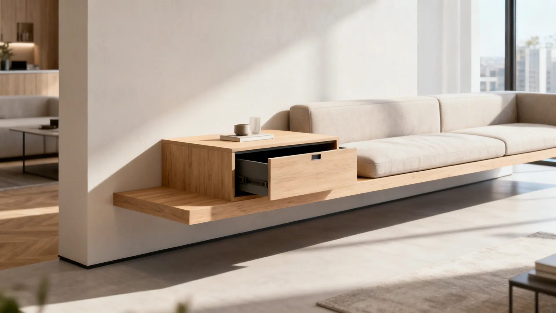 Floating wall-mounted end table with a concealed drawer beside a loveseat, showing open floor underneath