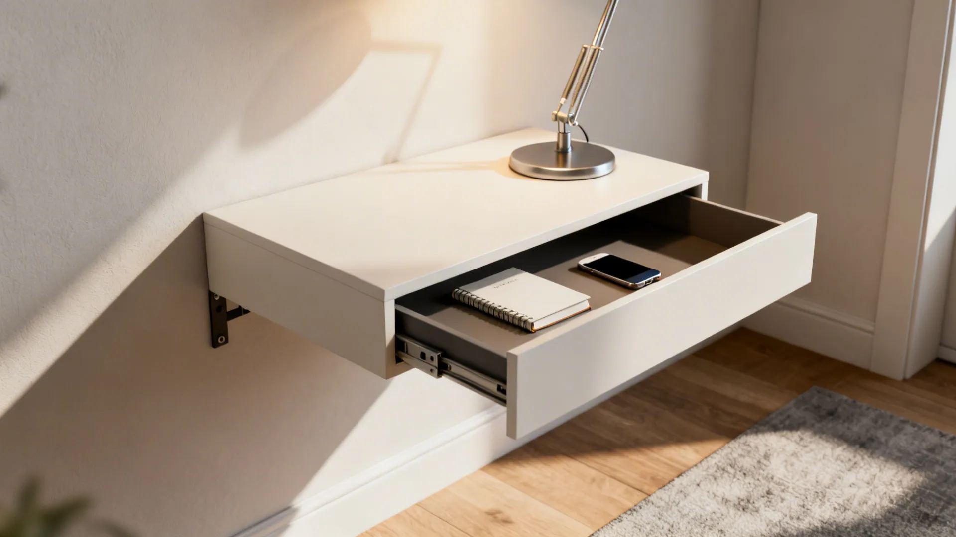 Wall-mounted floating end table with a slim drawer open, showing minimal zero-footprint storage.