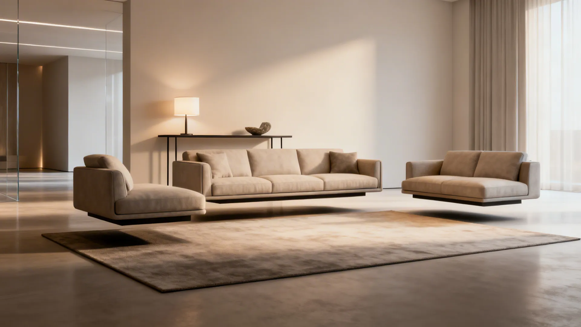 Living room with a three-piece sofa set floated from the walls and a narrow console behind the sofa.