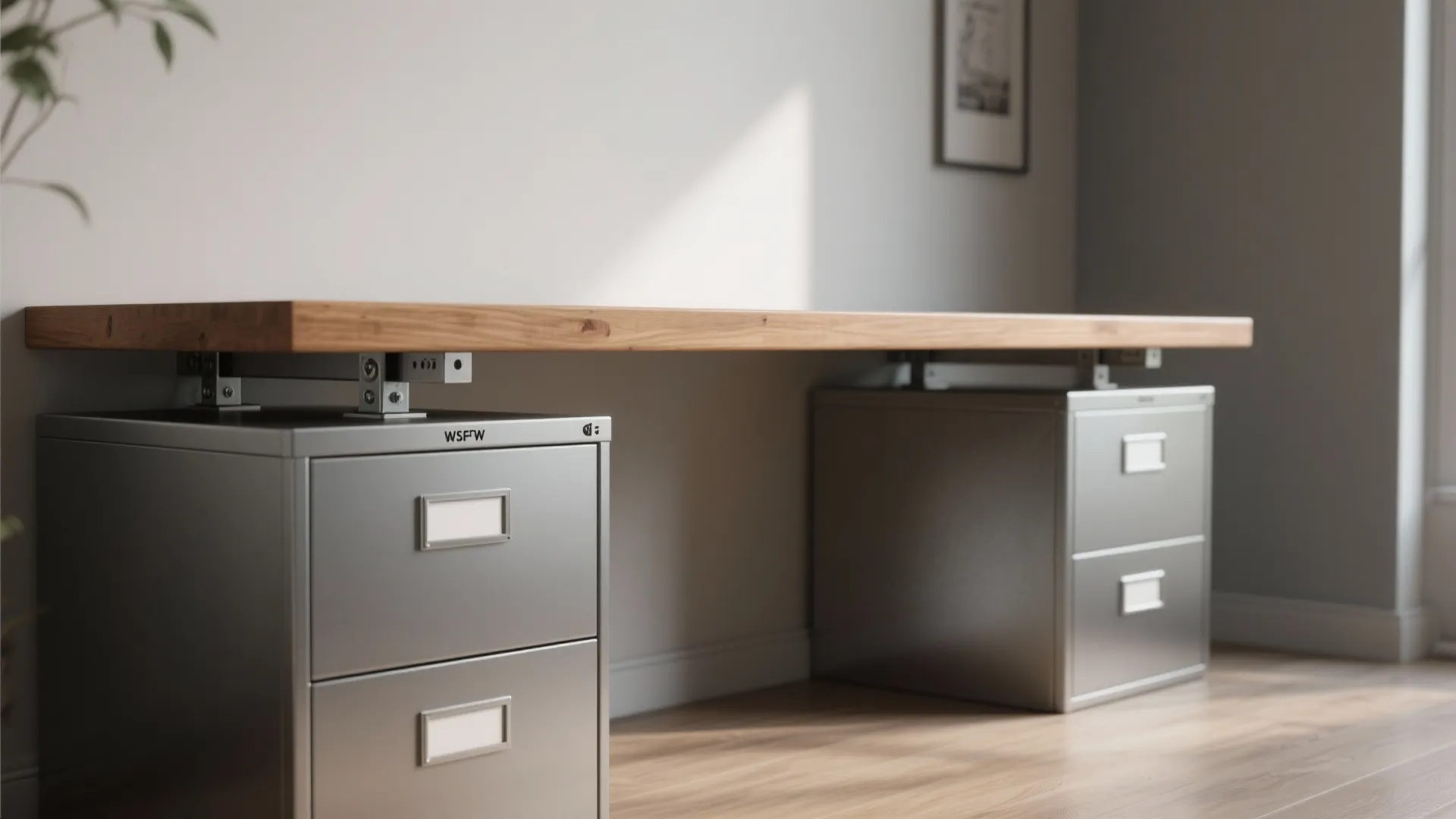 Floating wooden desktop spanning two matching metal file cabinets with center support and visible brackets.