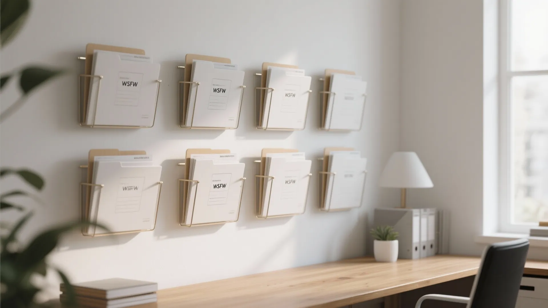 Wall mounted white file folders in gold metal racks above a wooden desk with small lamp