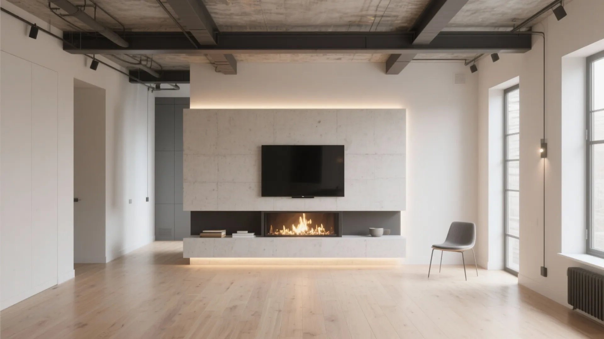 Loft with modern floating fireplace shelf and TV