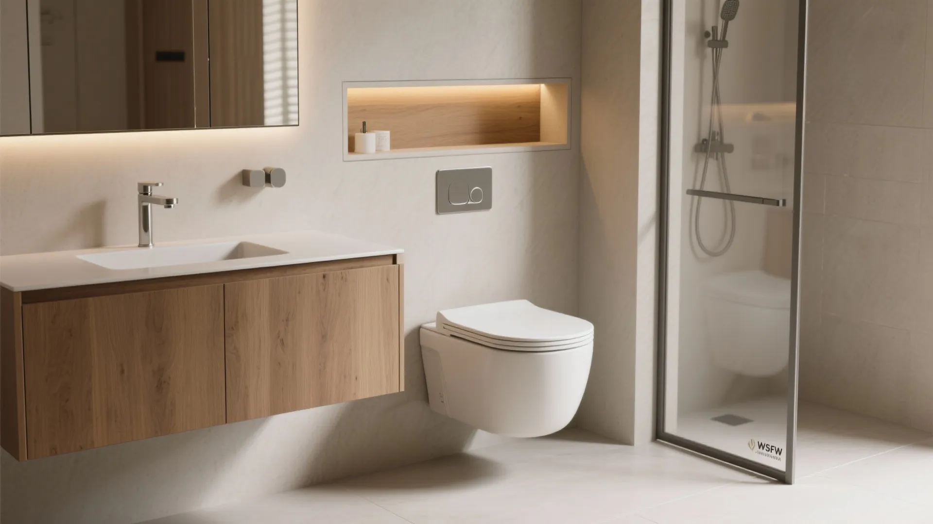 Minimalist bathroom featuring wooden cabinet with white sink and white toilet mounted on the wall