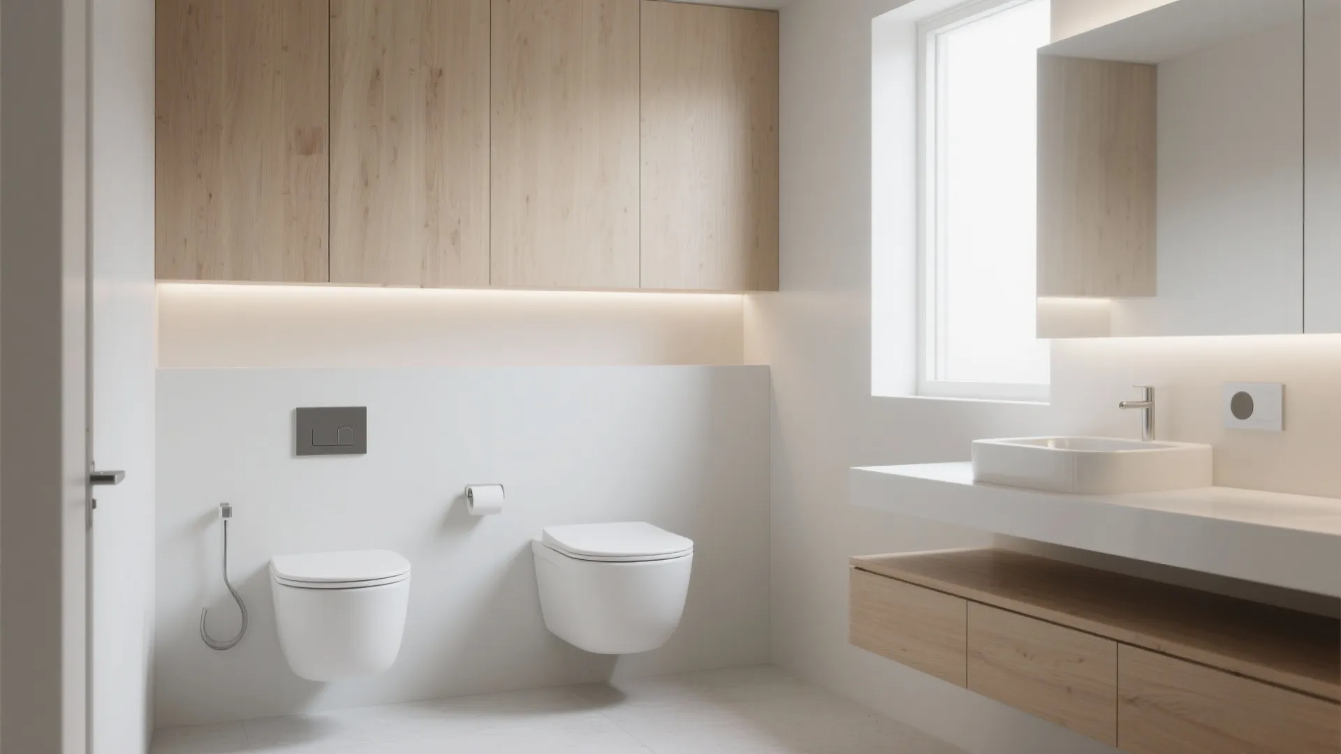 Minimalist white bathroom with hanging toilets wood cabinets white sink and bright window with light