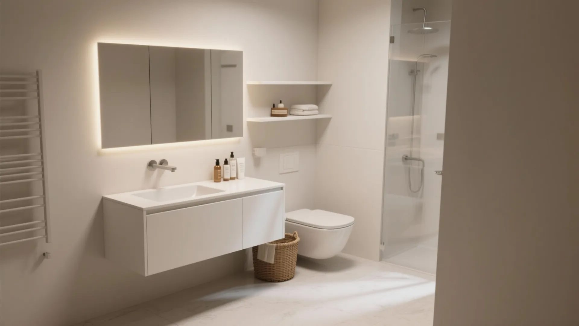 Minimalist bathroom featuring a floating white cabinet with sink and a lighted mirror on wall
