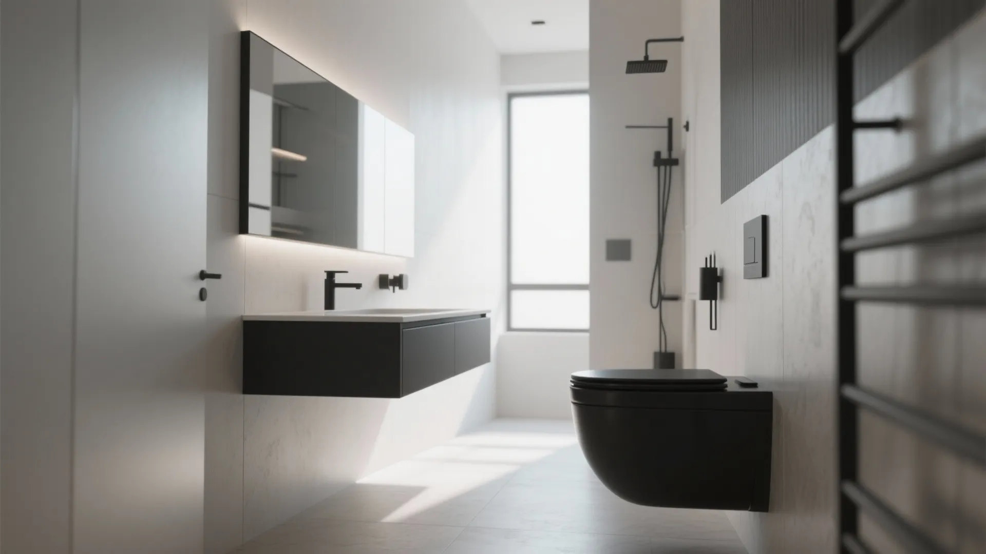 Modern bathroom with black wall mounted toilet floating black sink cabinet and bright window light