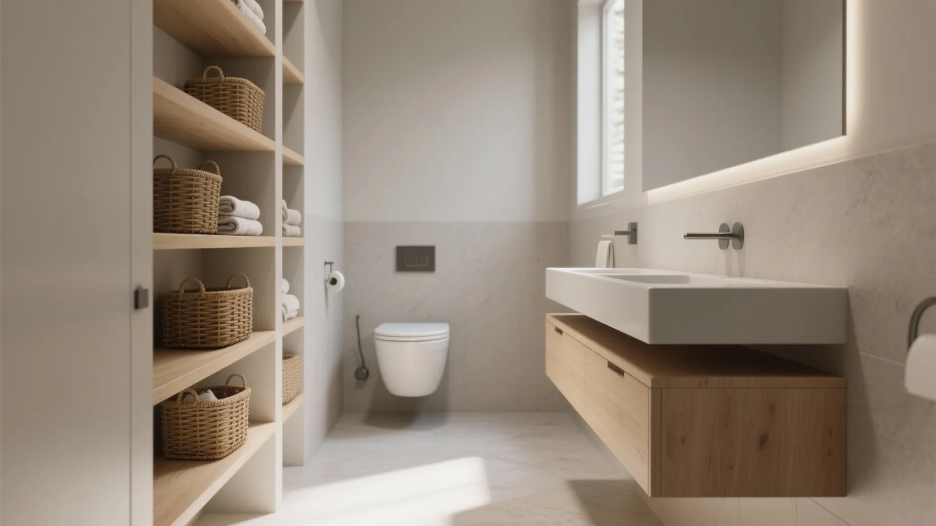 3. Floating fixtures and narrow shelving