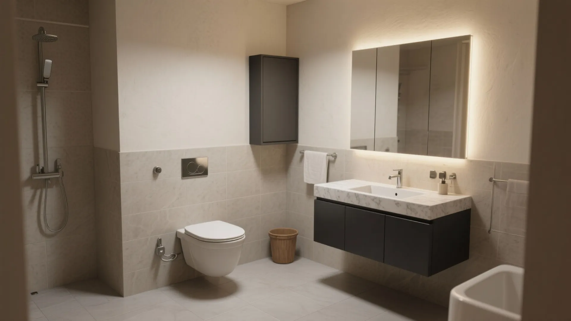 Modern bathroom with floating cabinet lit mirror white toilet shower head and light grey tiles
