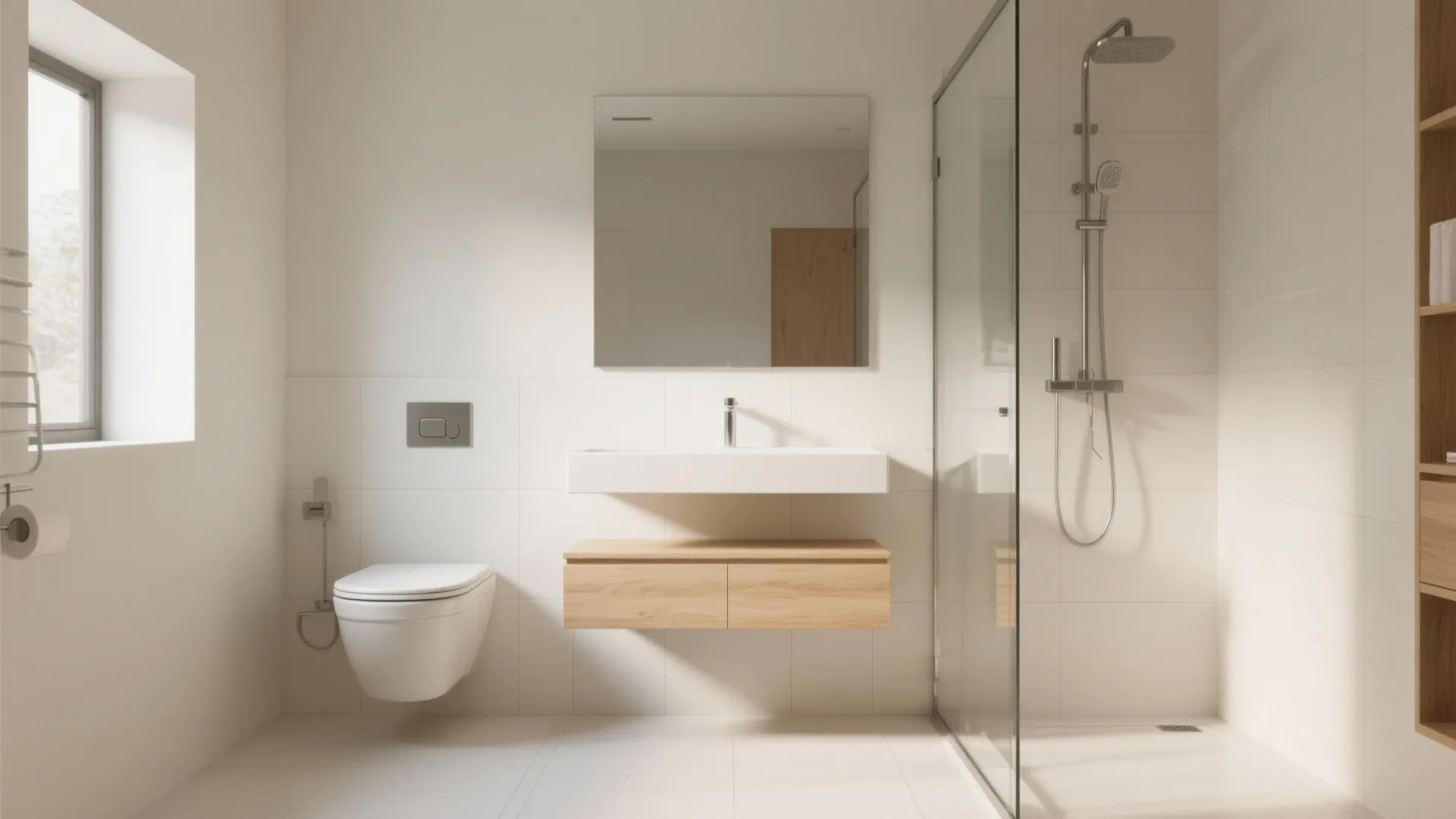 Minimalist bathroom interior with wall hung toilet wooden vanity large mirror and glass shower area
