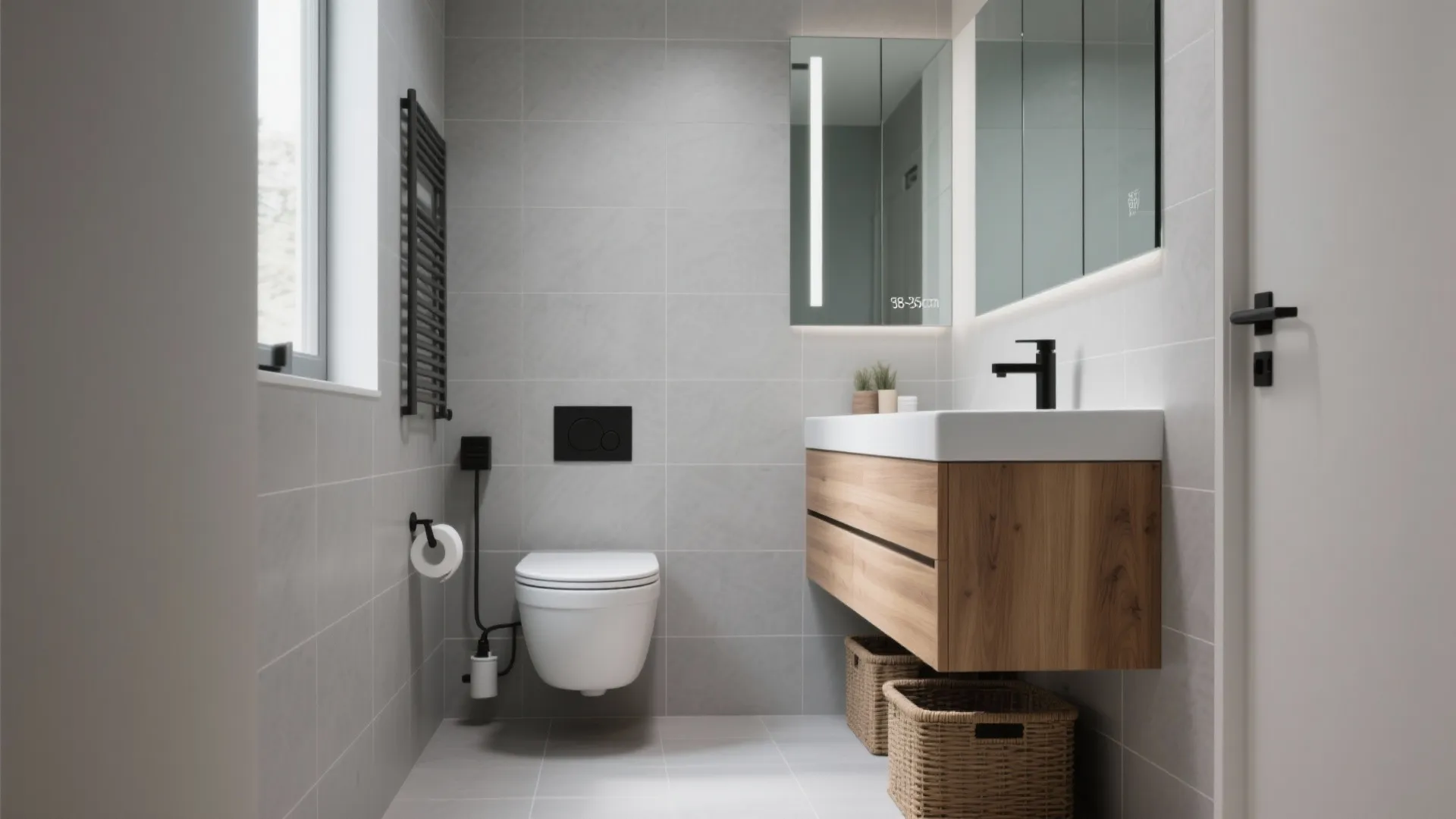 Minimalist grey bathroom design with floating wooden cabinet white toilet mirror and black towel rack
