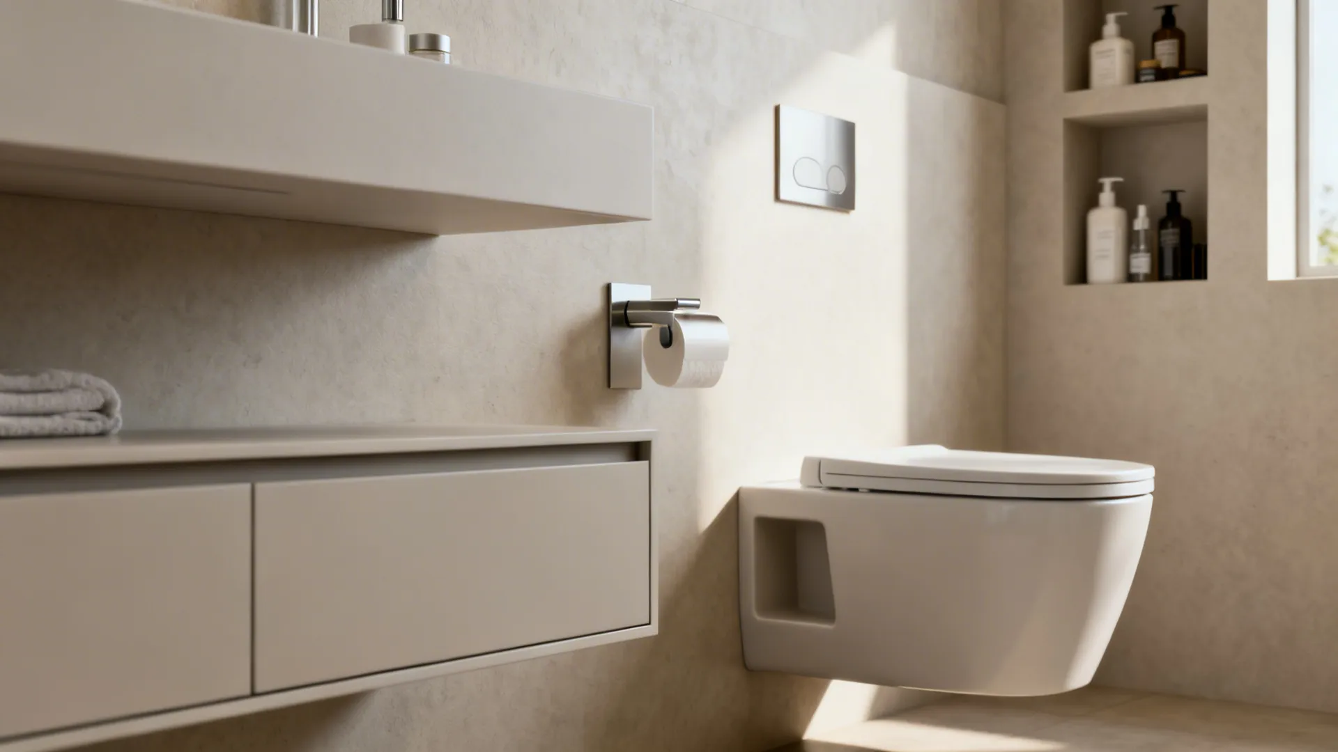 Wall-mounted vanity and toilet with recessed storage niche in a small bathroom.