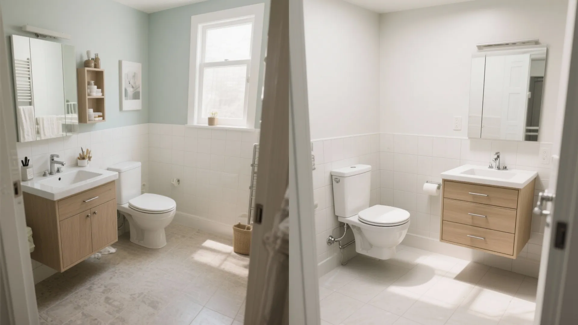 Before-and-after of a 6x8 bathroom showing floor-mounted fixtures versus wall-hung vanity and toilet.