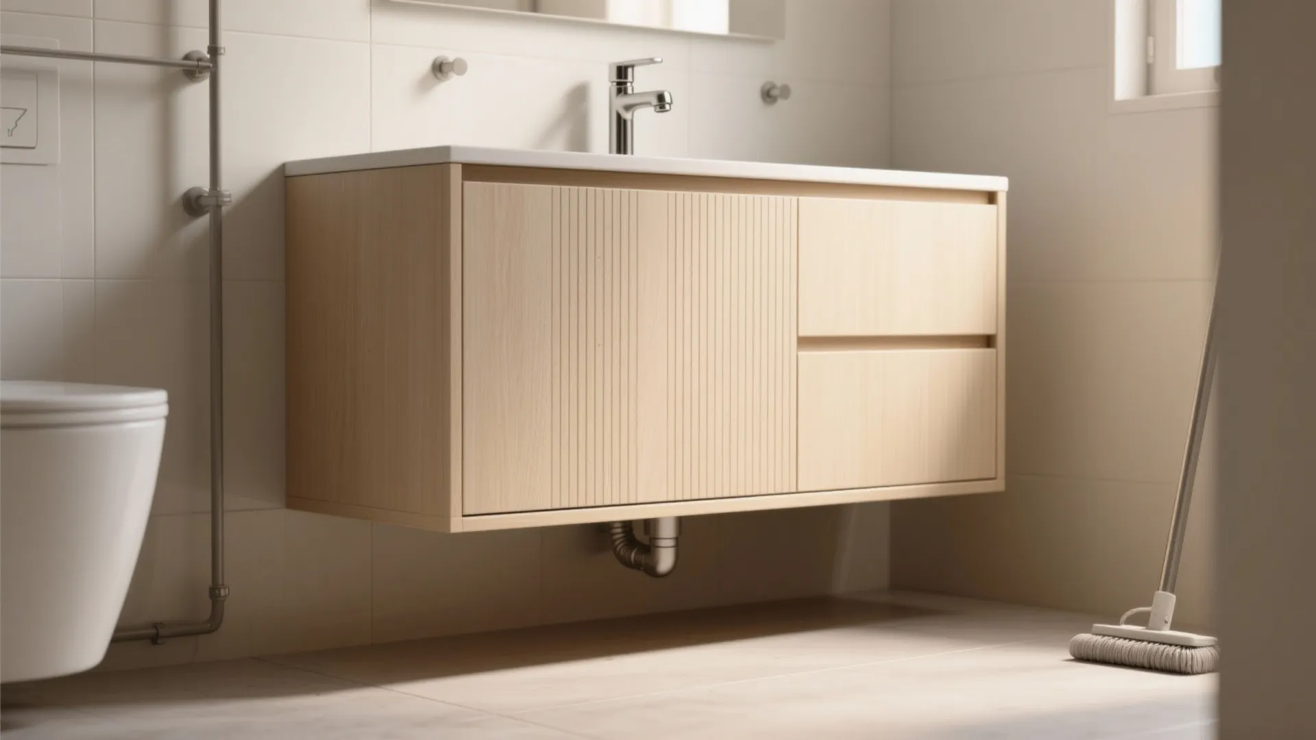 Floating floor cabinet for visual lightness