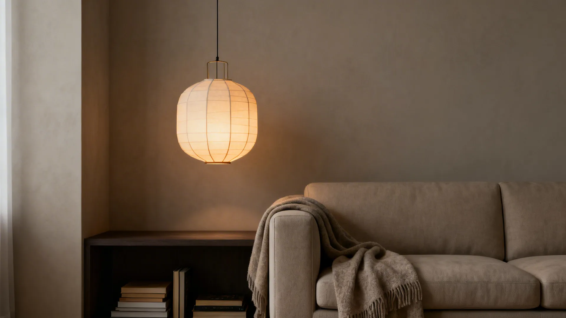 Sculptural lantern suspended above a sofa creating an intimate seating focal point with diffused warm light.