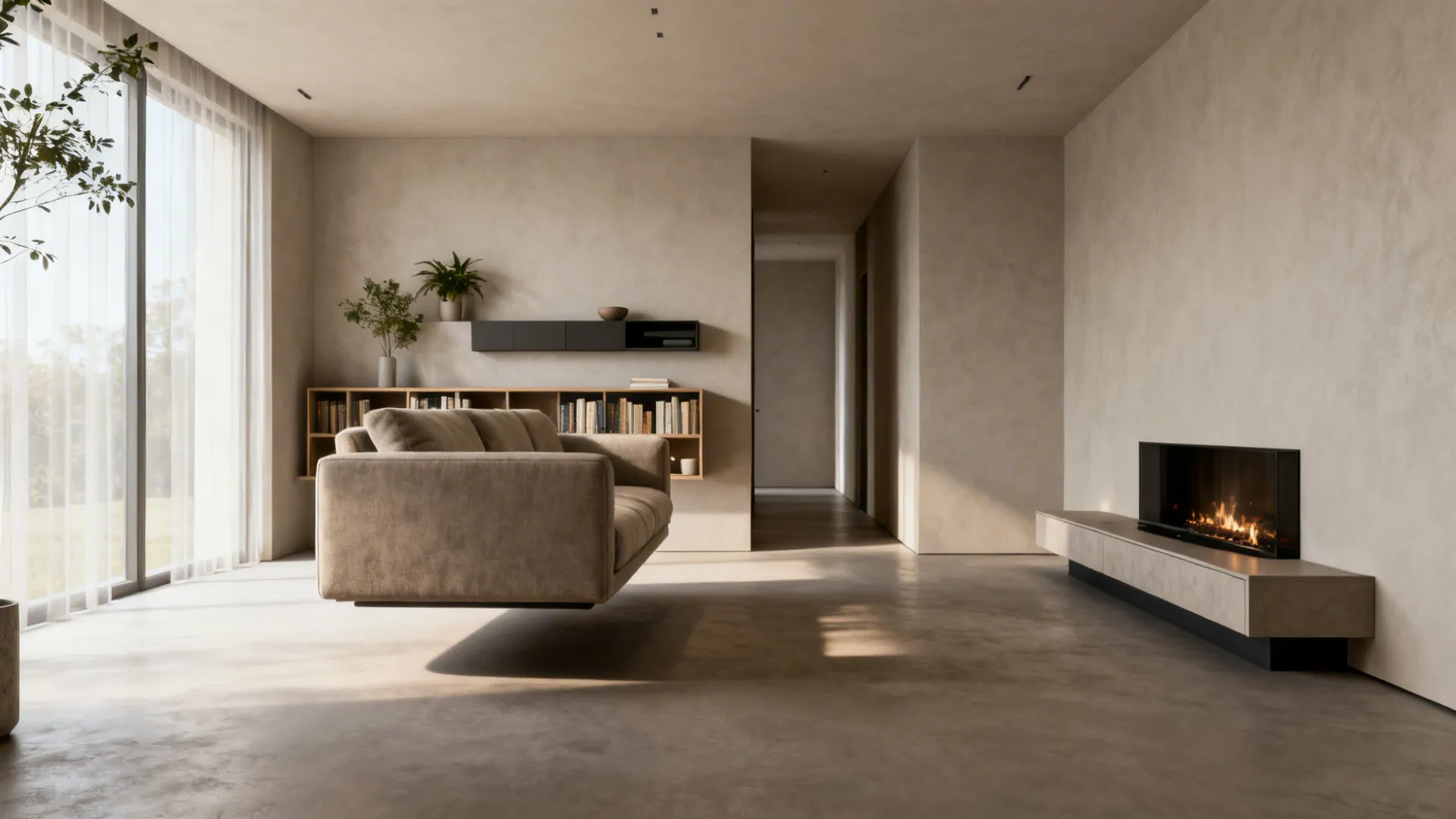 Sofa floated from the wall with storage and a slim walkway behind in a narrow living room.