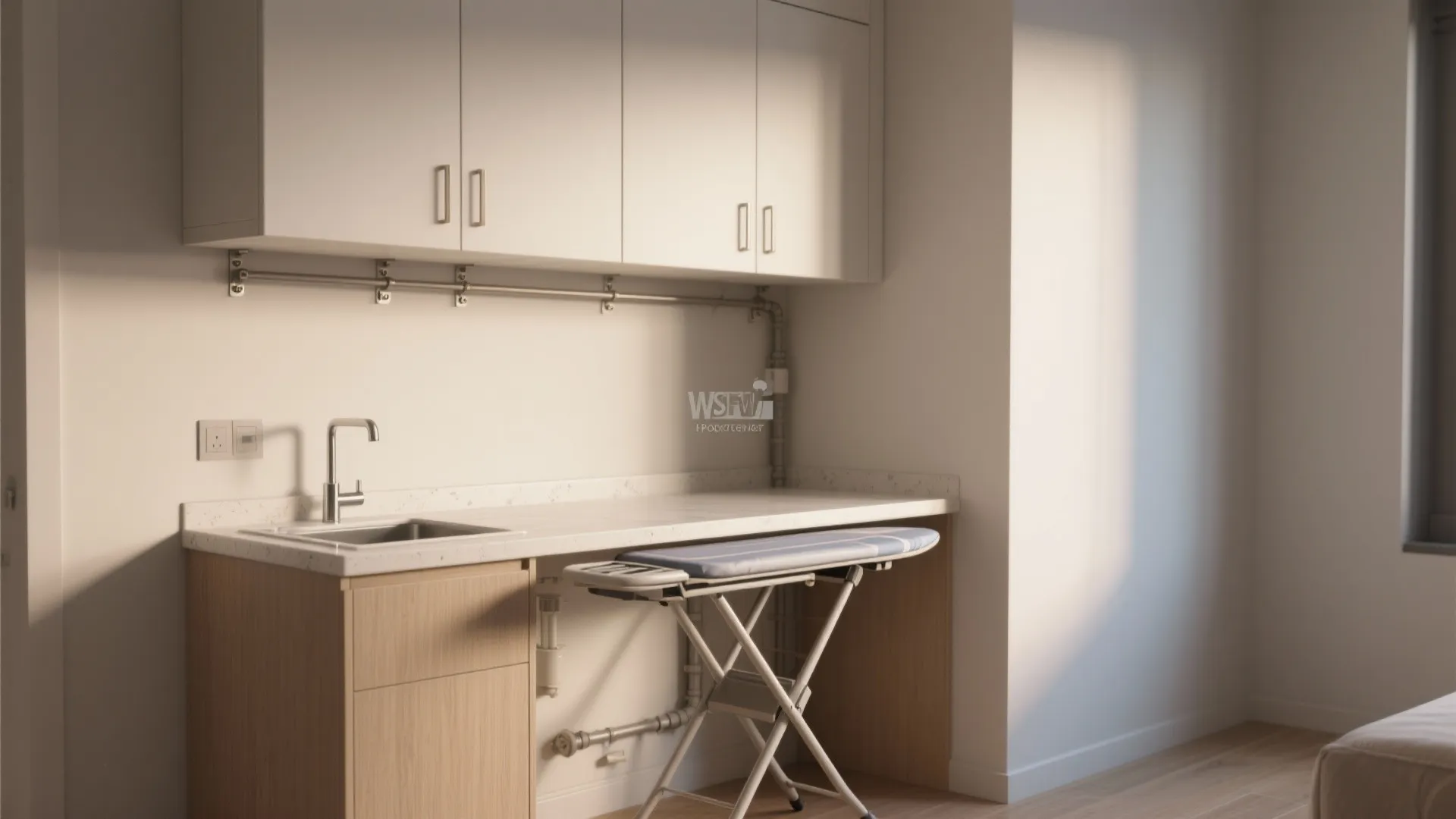 Modern laundry room featuring white cabinets wood base unit small sink and a folding ironing board
