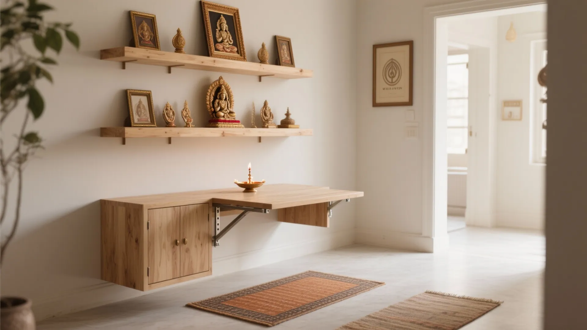 Floating Shelf Mandir with Fold-Down Aarti Table