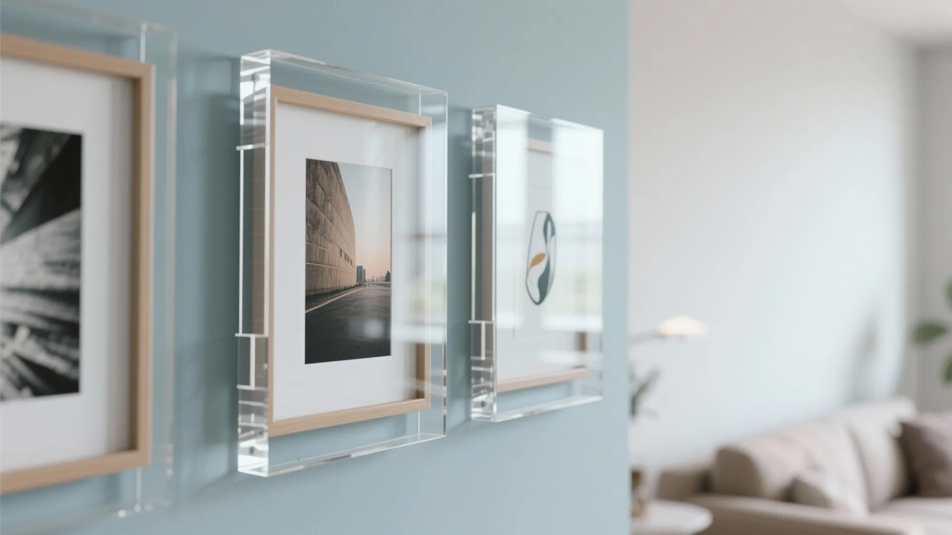 Three modern clear acrylic floating picture frames mounted on a light blue wall interior design