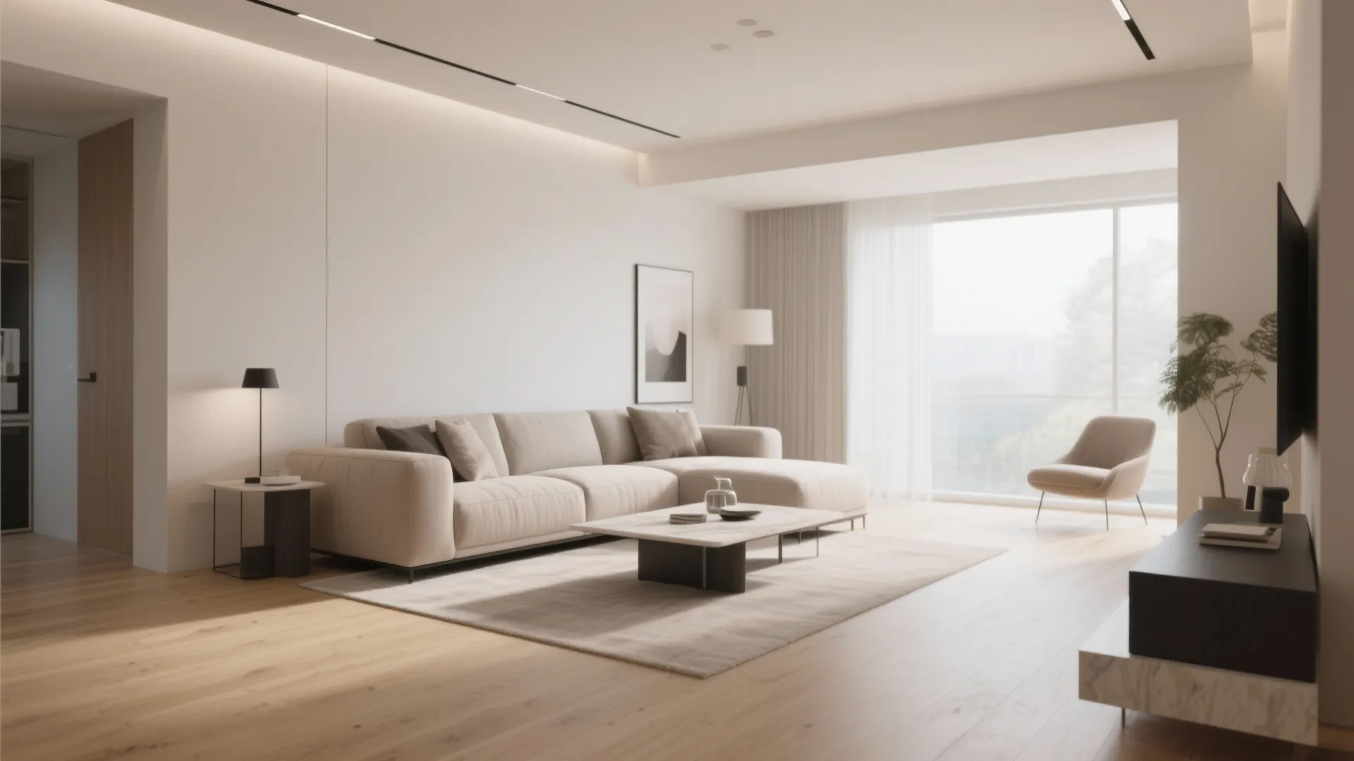Minimalist living room with beige sofa wooden floor large window and warm light fixture design layout