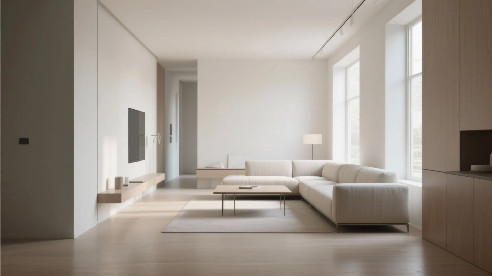 Modern white living room with floating wall cabinet cream sofa coffee table and light flooring
