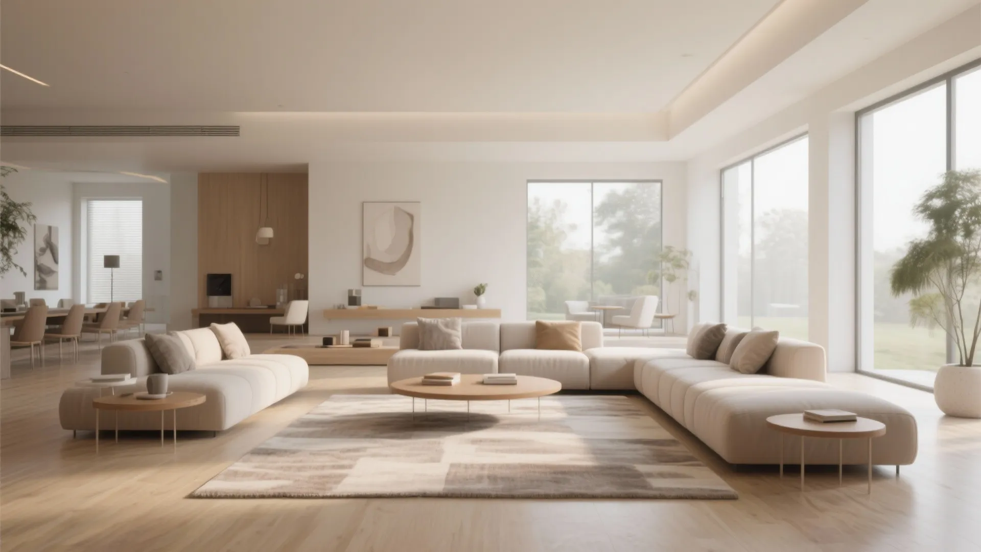 Minimalist living room layout with cream sectional sofa, round wooden table, and large glass windows