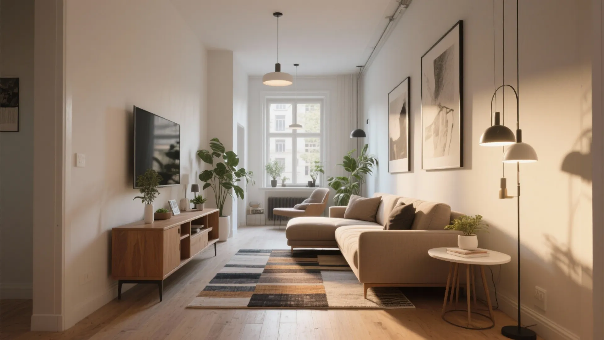 Living room with sofa placed in the middle and console table behind