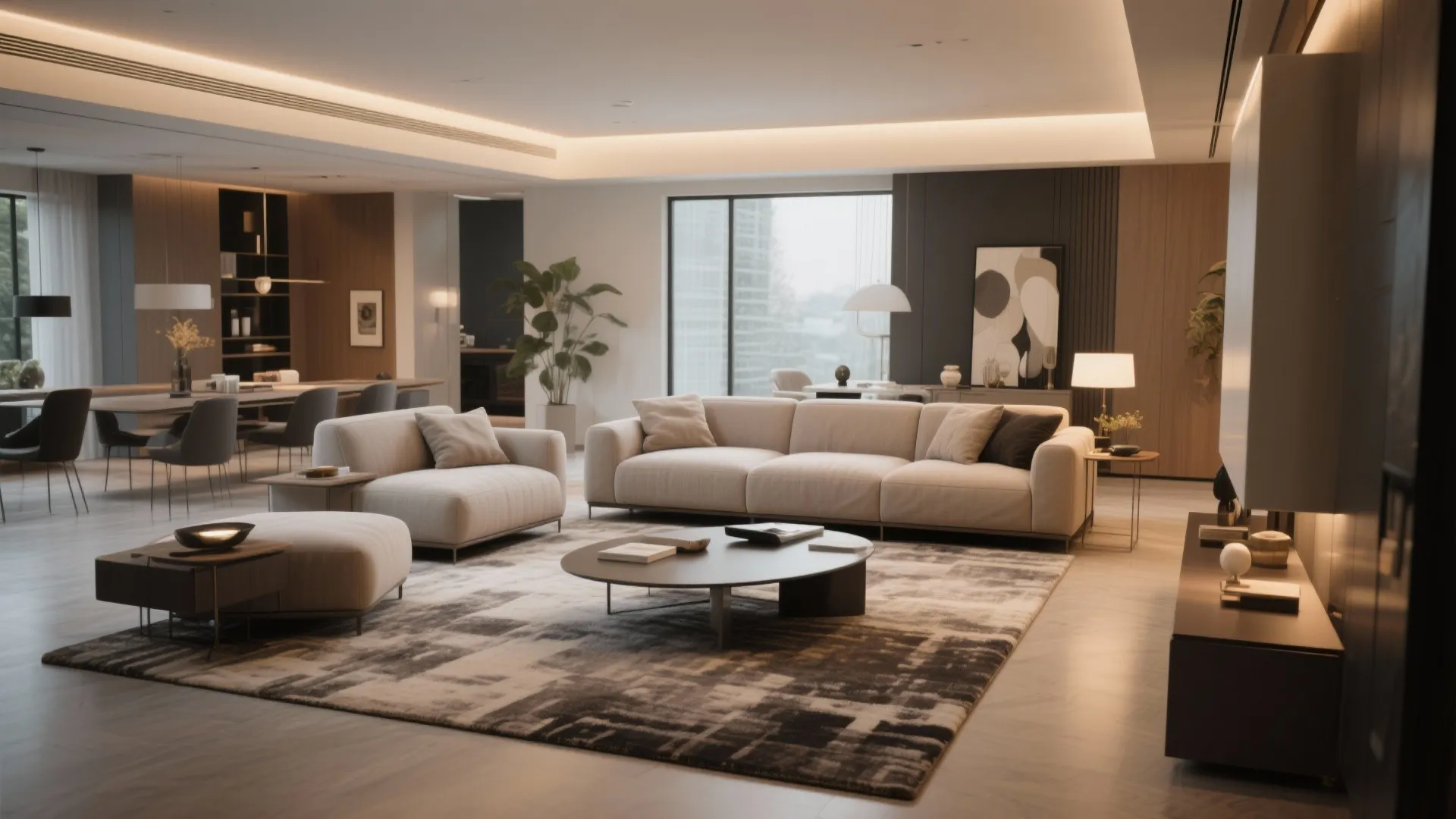 Modern living room with central floating furniture arrangement