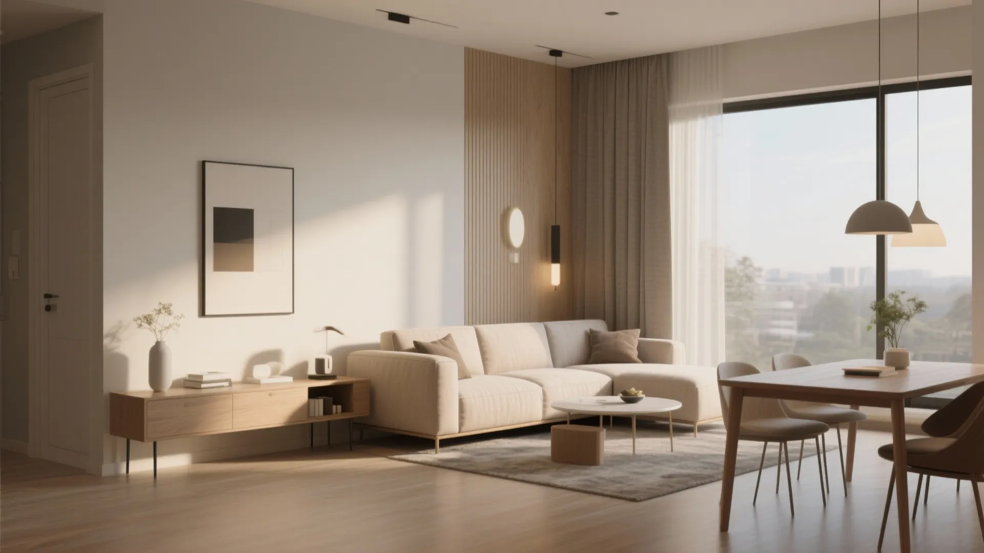 Floating sofa with console table for improved room flow