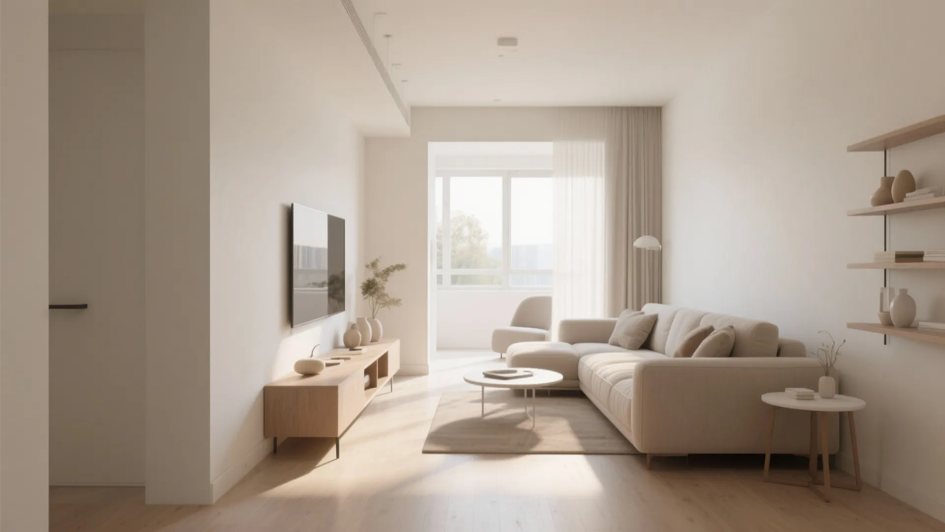 Minimalist living room with beige sofa coffee table wooden cabinet wall mounted tv and windows